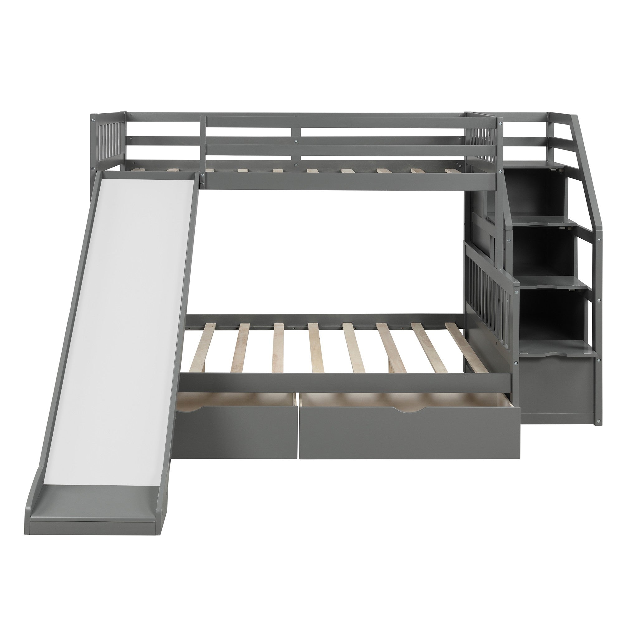 Gray Twin Over Full Bunk Bed with Slide and Storage