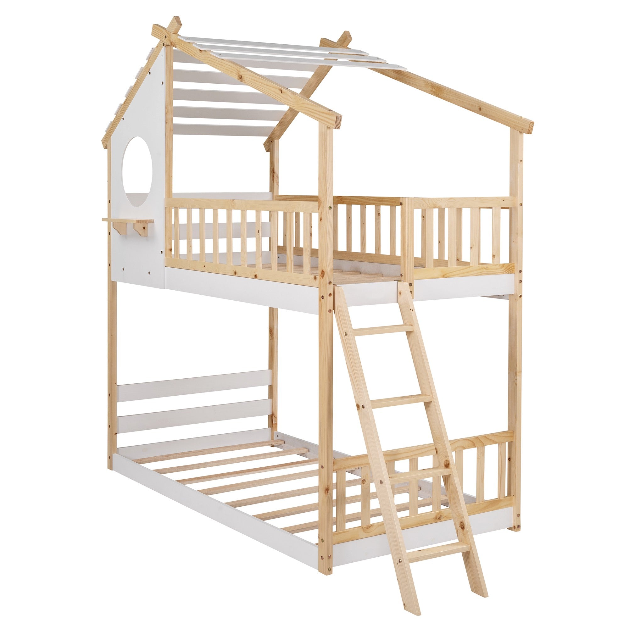 Natural and White Playhouse Inspired Twin over Twin Bunk Bed
