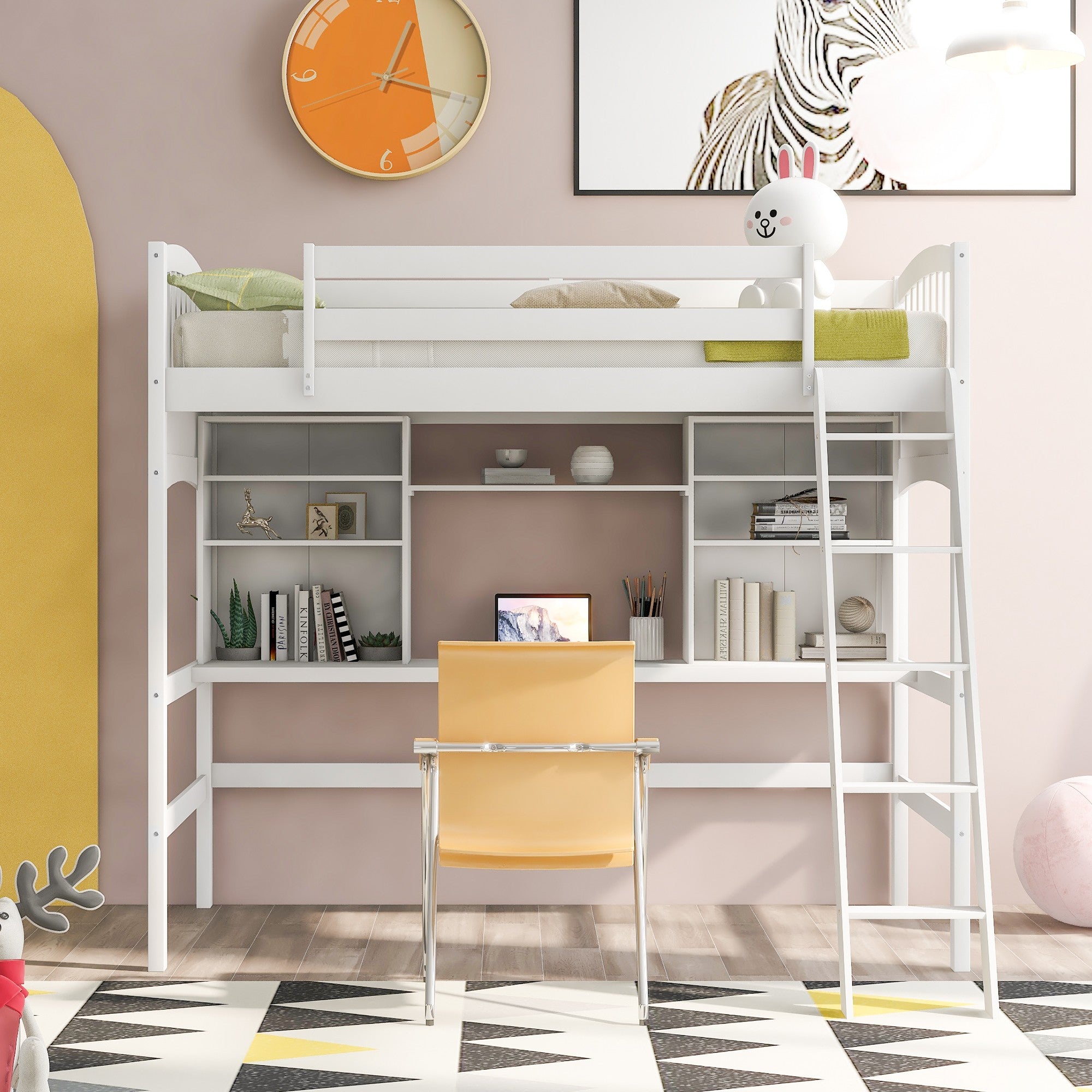 White Twin Size Loft Bed with Desk and Shelves