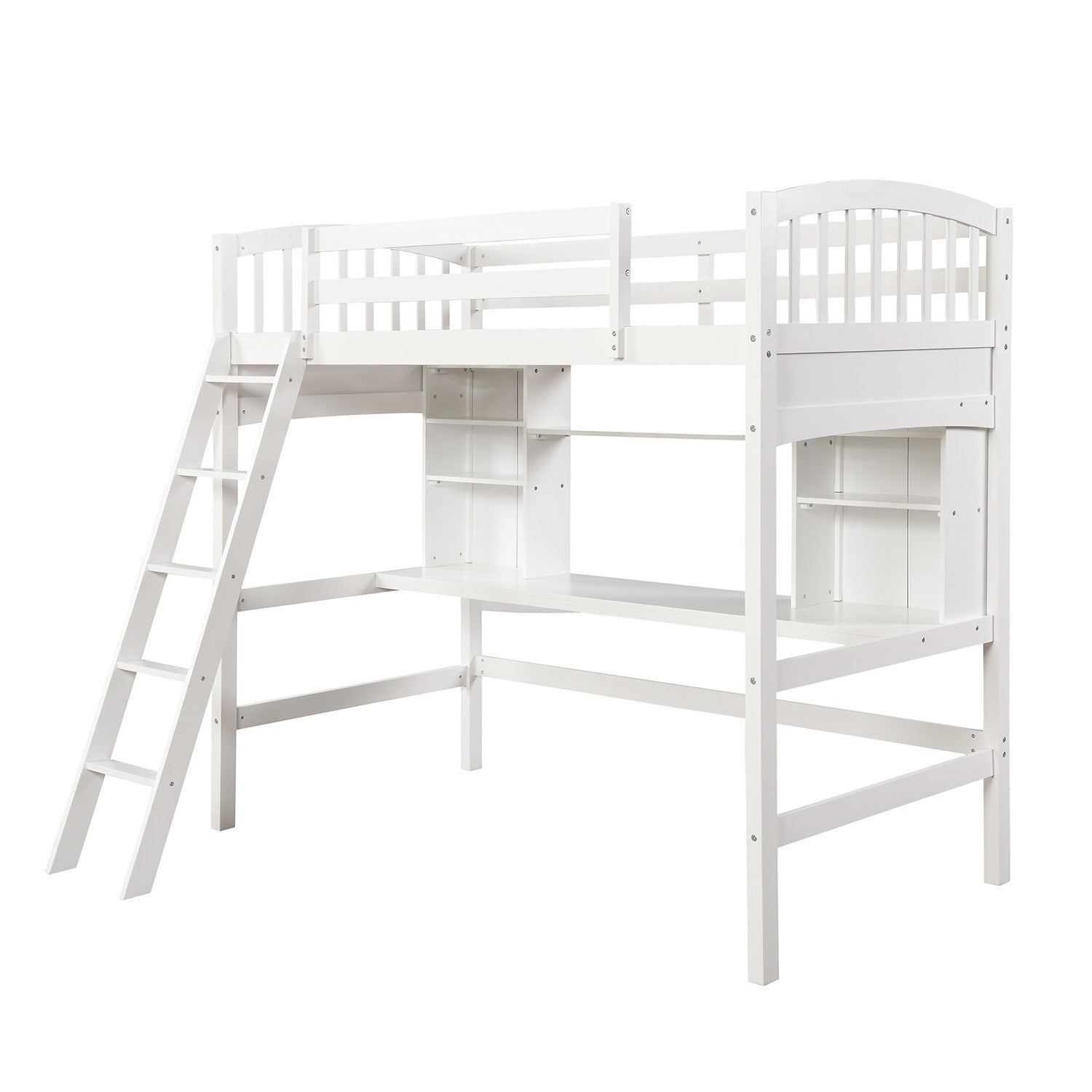 White Twin Size Loft Bed with Desk and Shelves