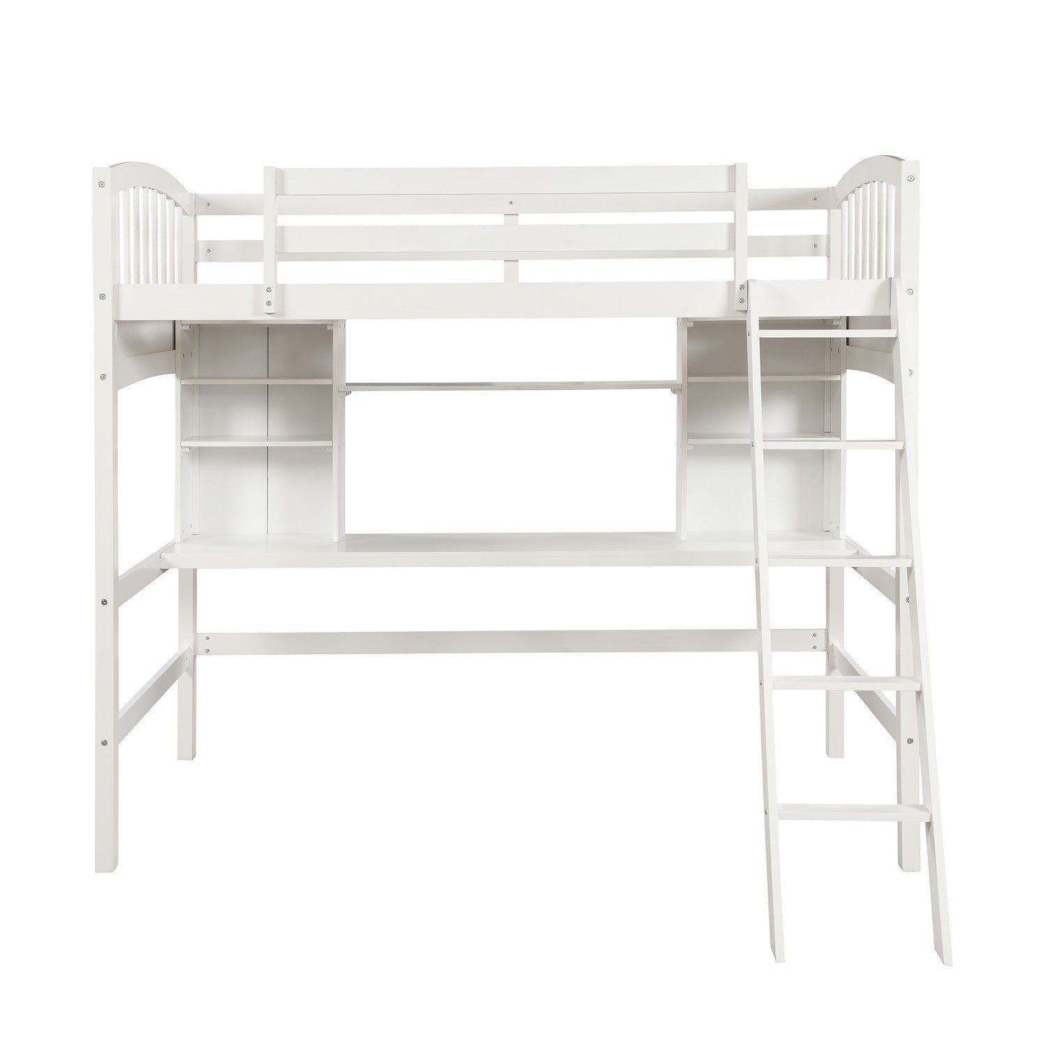 White Twin Size Loft Bed with Desk and Shelves