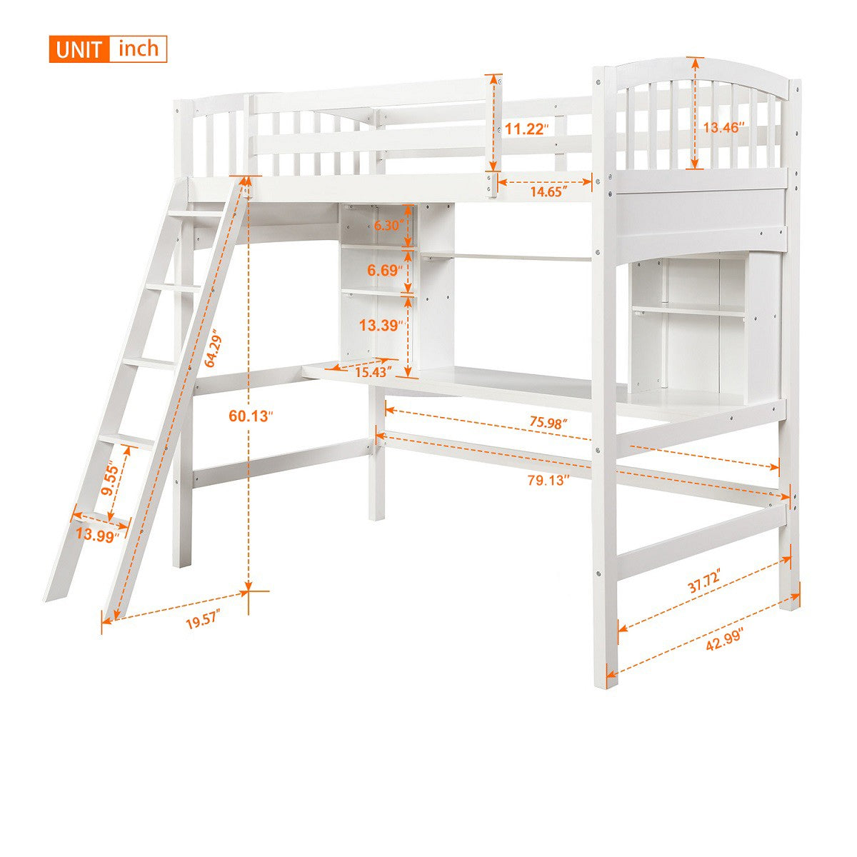 White Twin Size Loft Bed with Desk and Shelves