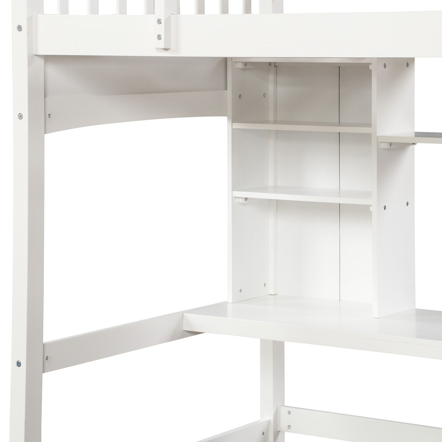 White Twin Size Loft Bed with Desk and Shelves