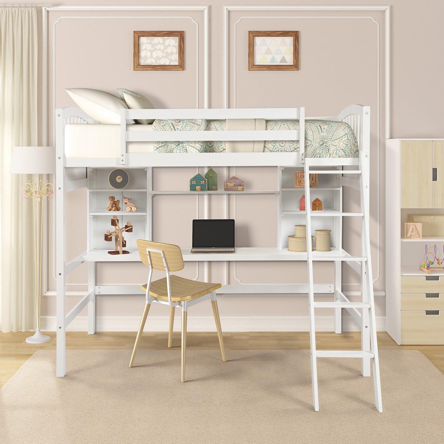 White Twin Size Loft Bed with Desk and Shelves