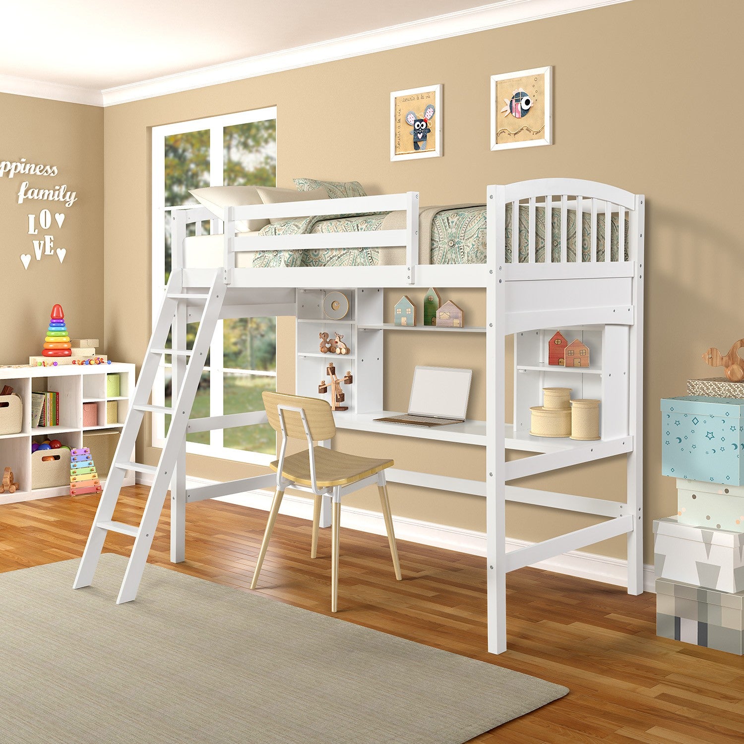 White Twin Size Loft Bed with Desk and Shelves