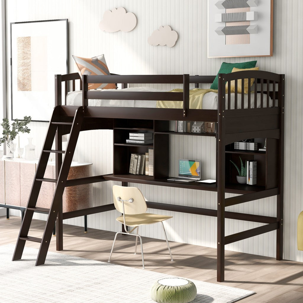 Brown Twin Size Loft Bed with Desk and Shelves Default Title