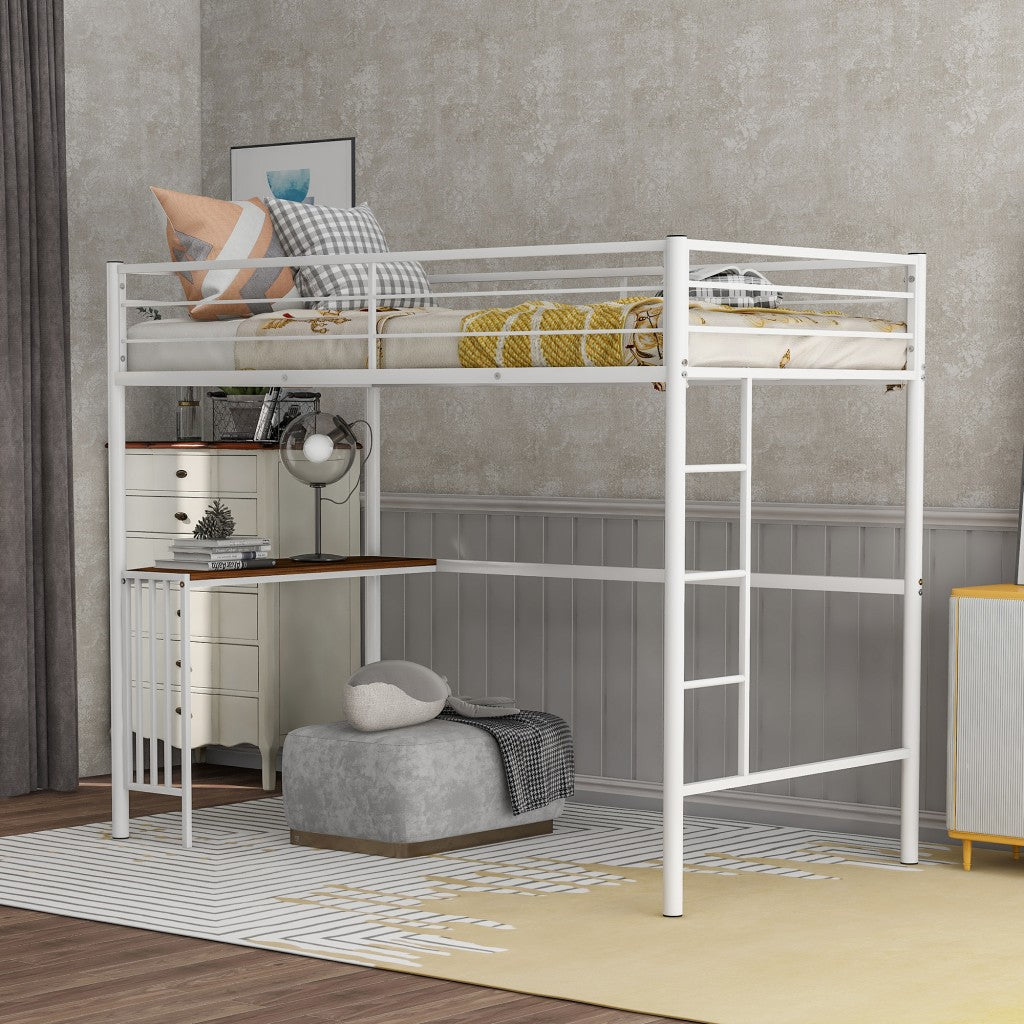 White Metal Twin Size Loft Bed with Desk