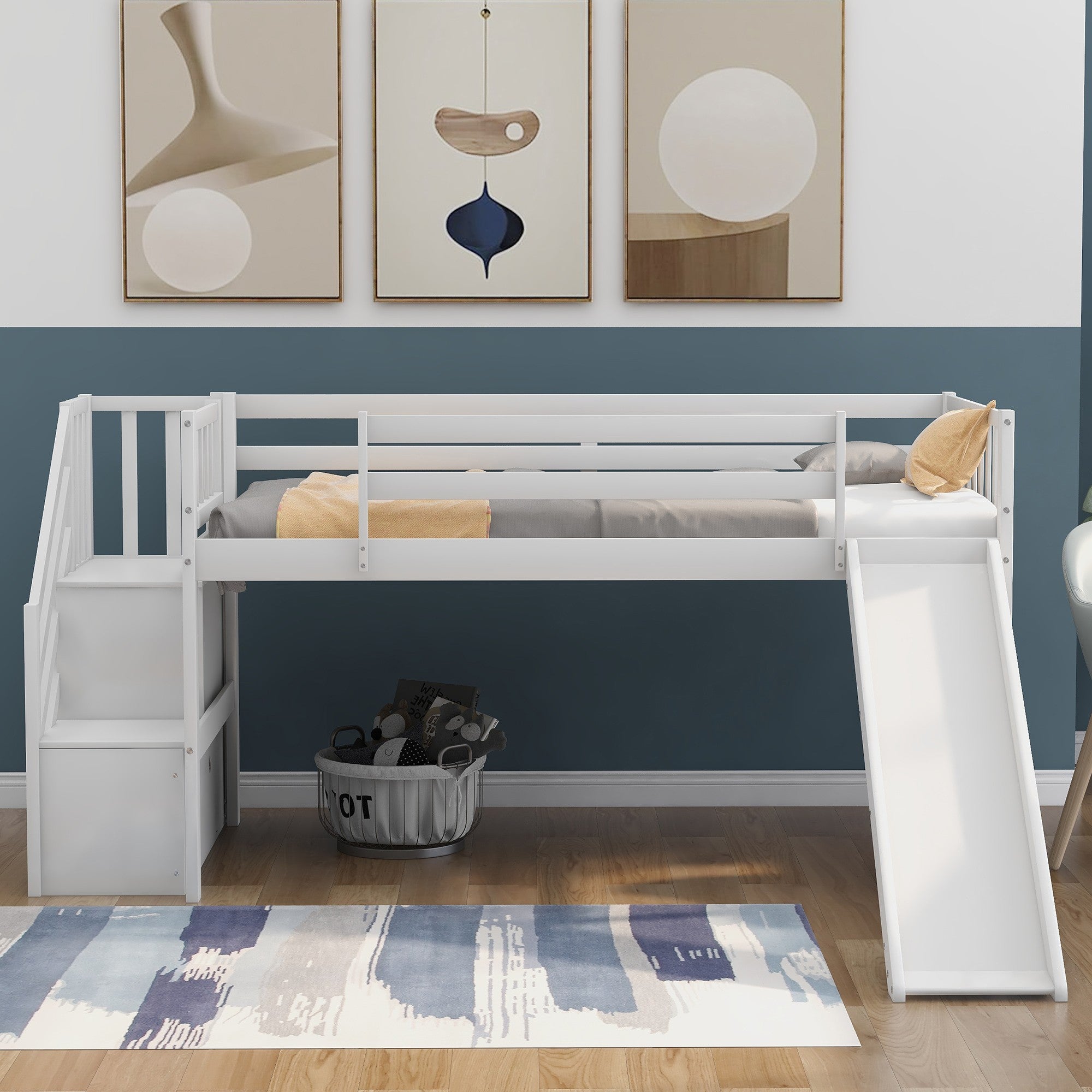 White Twin Size Low Loft Bed With Slide