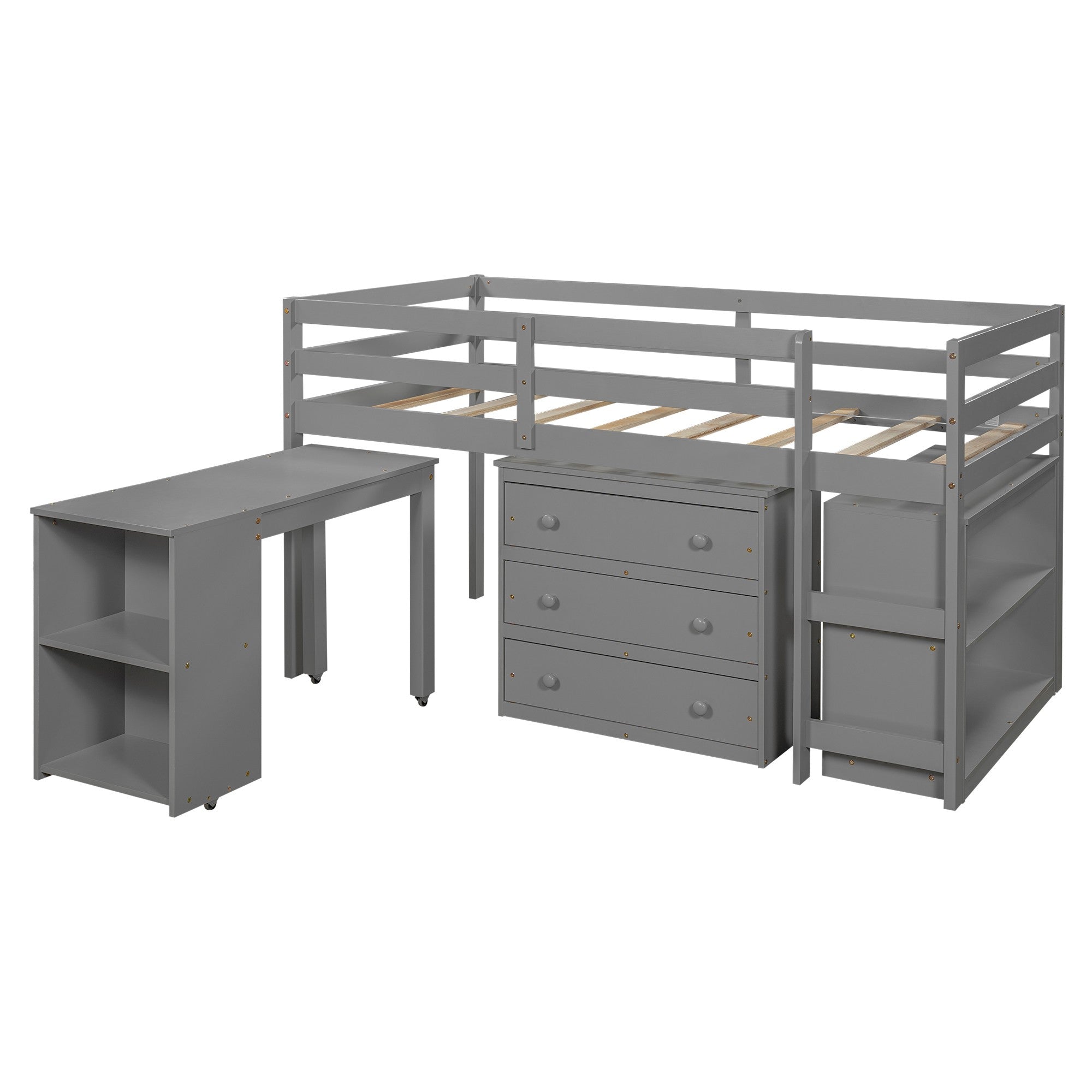 Gray Twin Size Low Loft Bed with Desk and Dresser