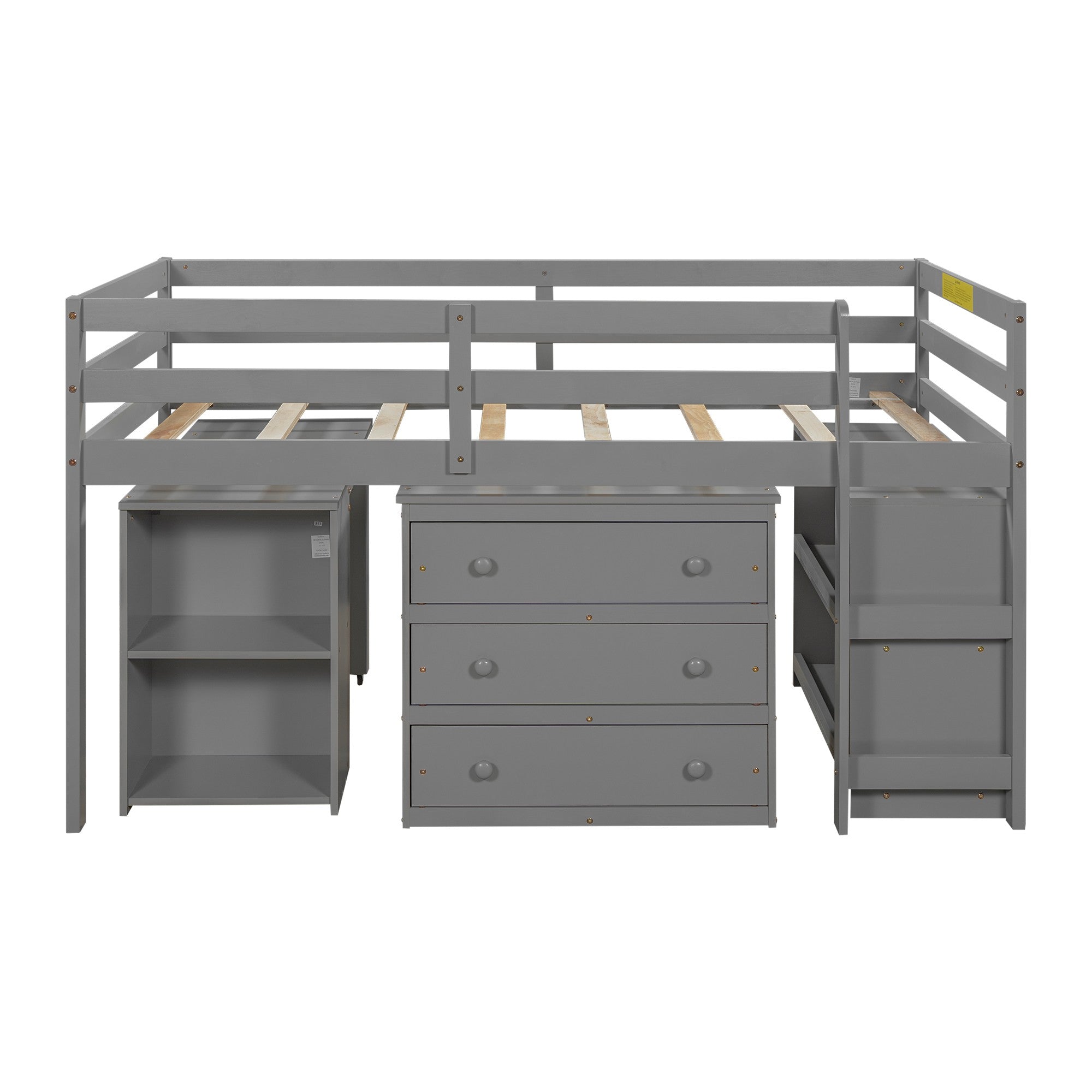 Gray Twin Size Low Loft Bed with Desk and Dresser