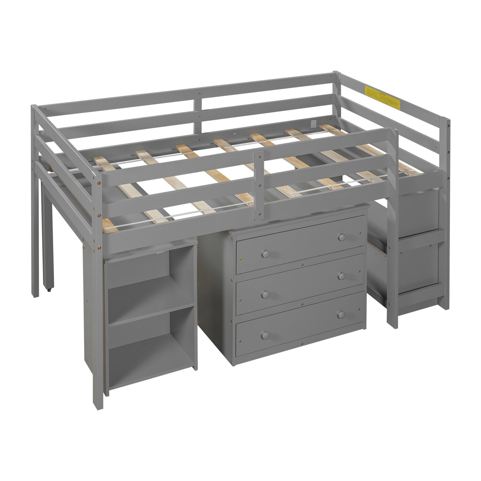 Gray Twin Size Low Loft Bed with Desk and Dresser