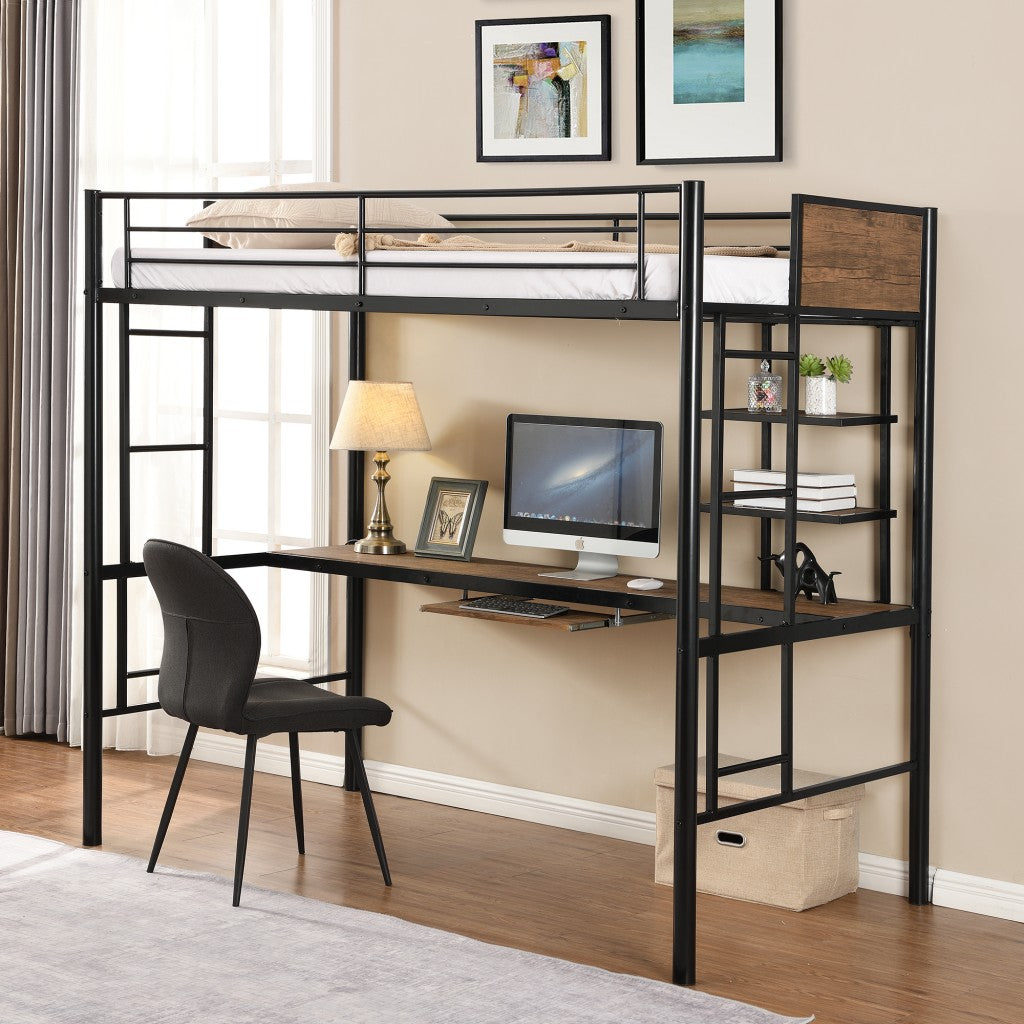 Black and Brown Loft Bed with Desk and Shelf Default Title
