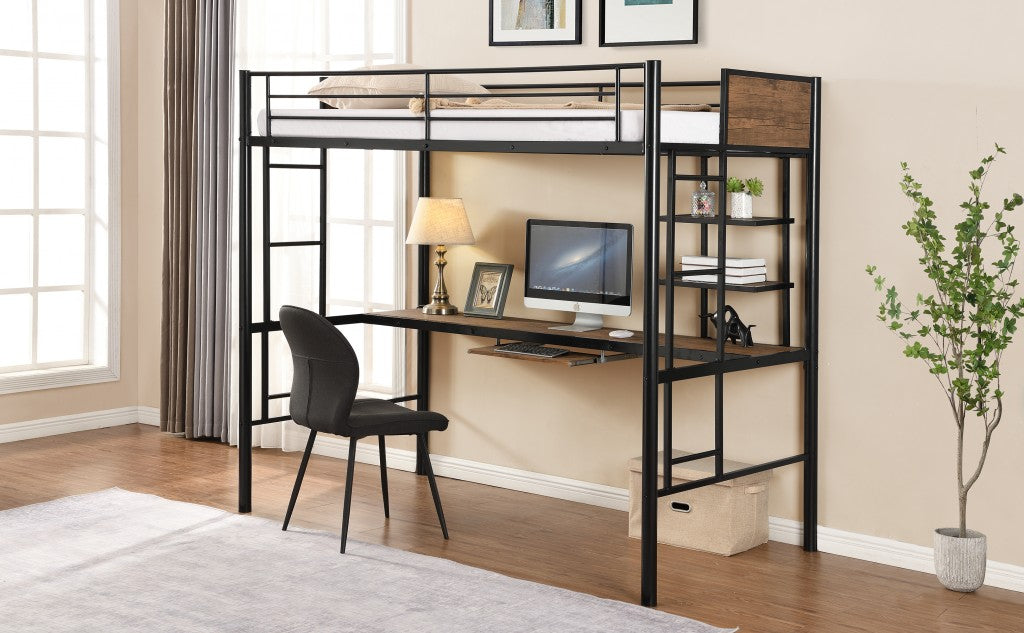 Black and Brown Loft Bed with Desk and Shelf Default Title