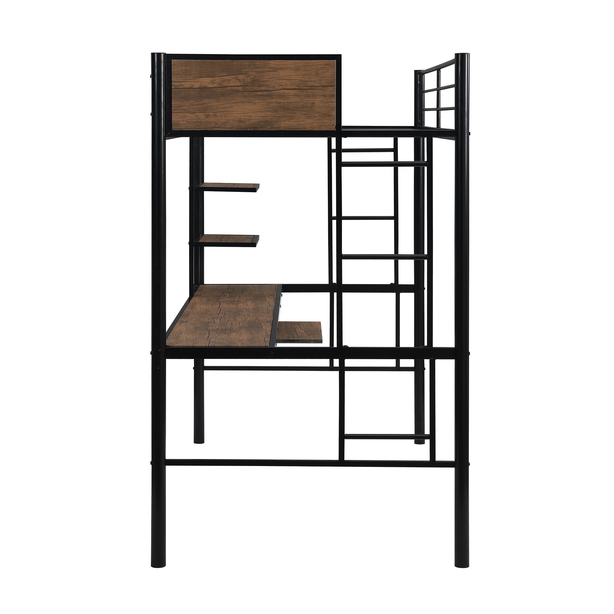 Black and Brown Loft Bed with Desk and Shelf