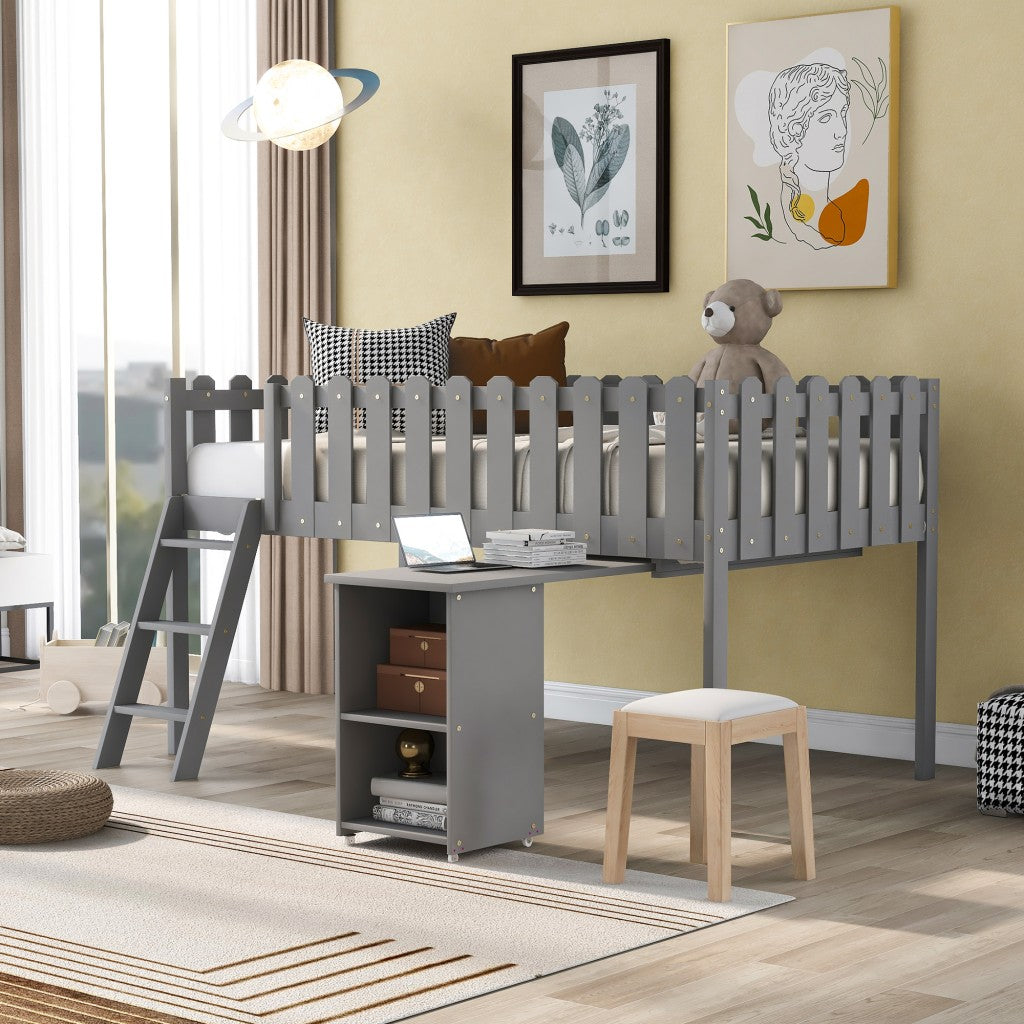 Gray Picket Fence Twin Size Loft Bed with Desk and Cabinet