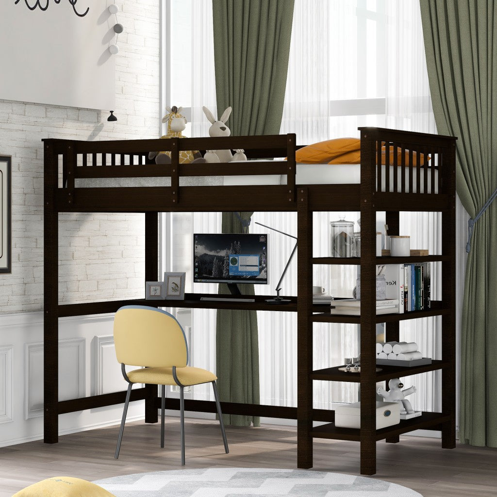 Espresso Twin Size Wood Loft Bed with Storage Shelves and Desk