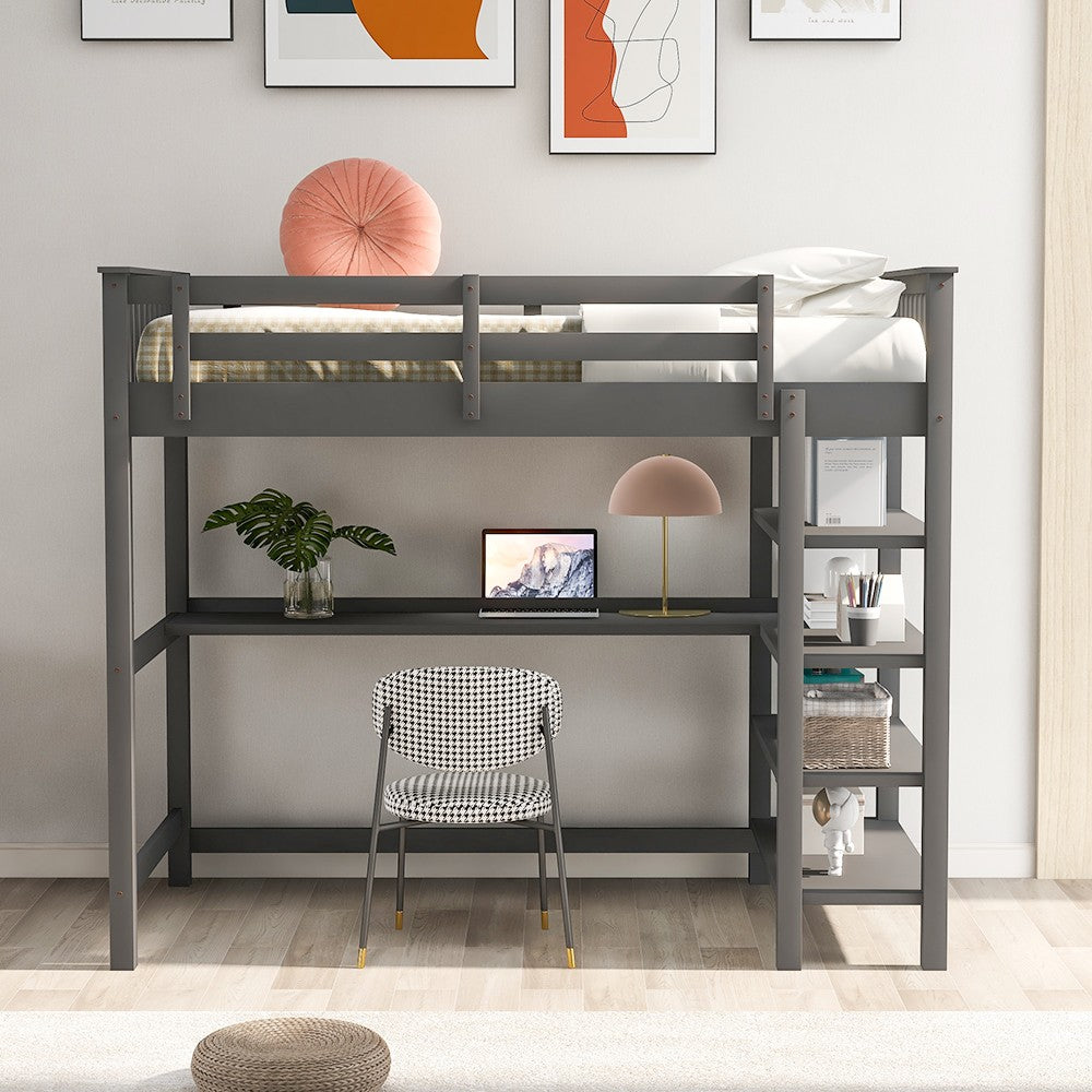 Gray Twin Size Wood Loft Bed with Storage Shelves and Desk