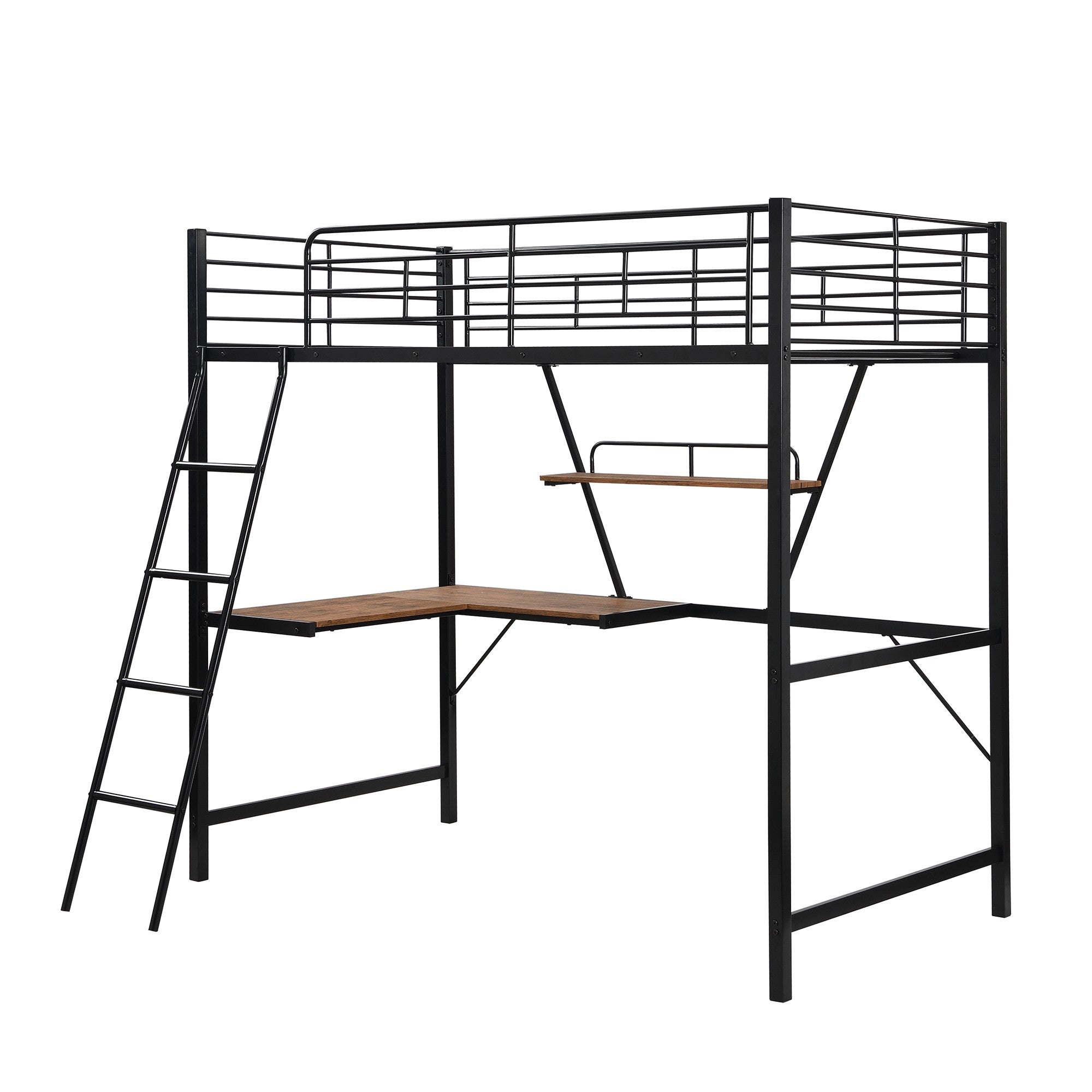 Black Metal Loft Bed with L Shaped Desk and Shelf