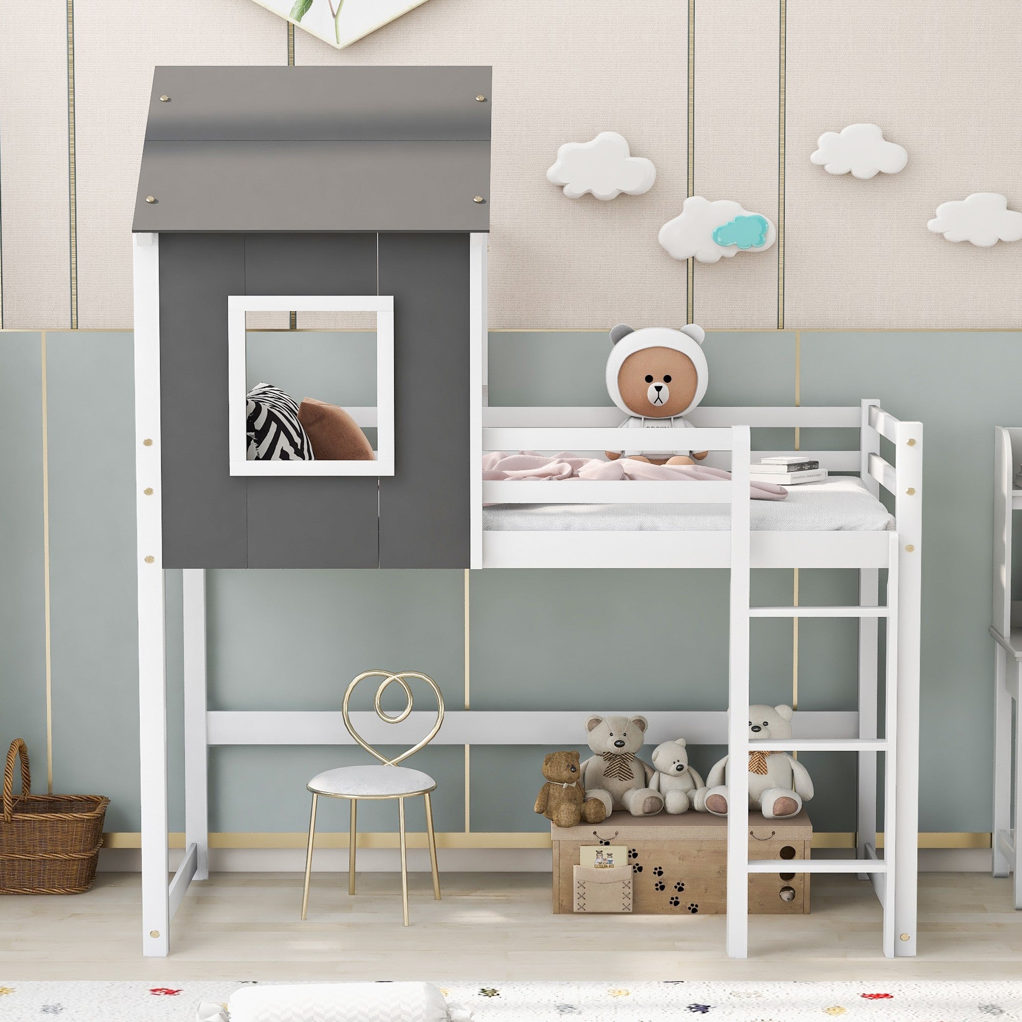 Gray and White Twin Size Loft Bed with House Roof and Window