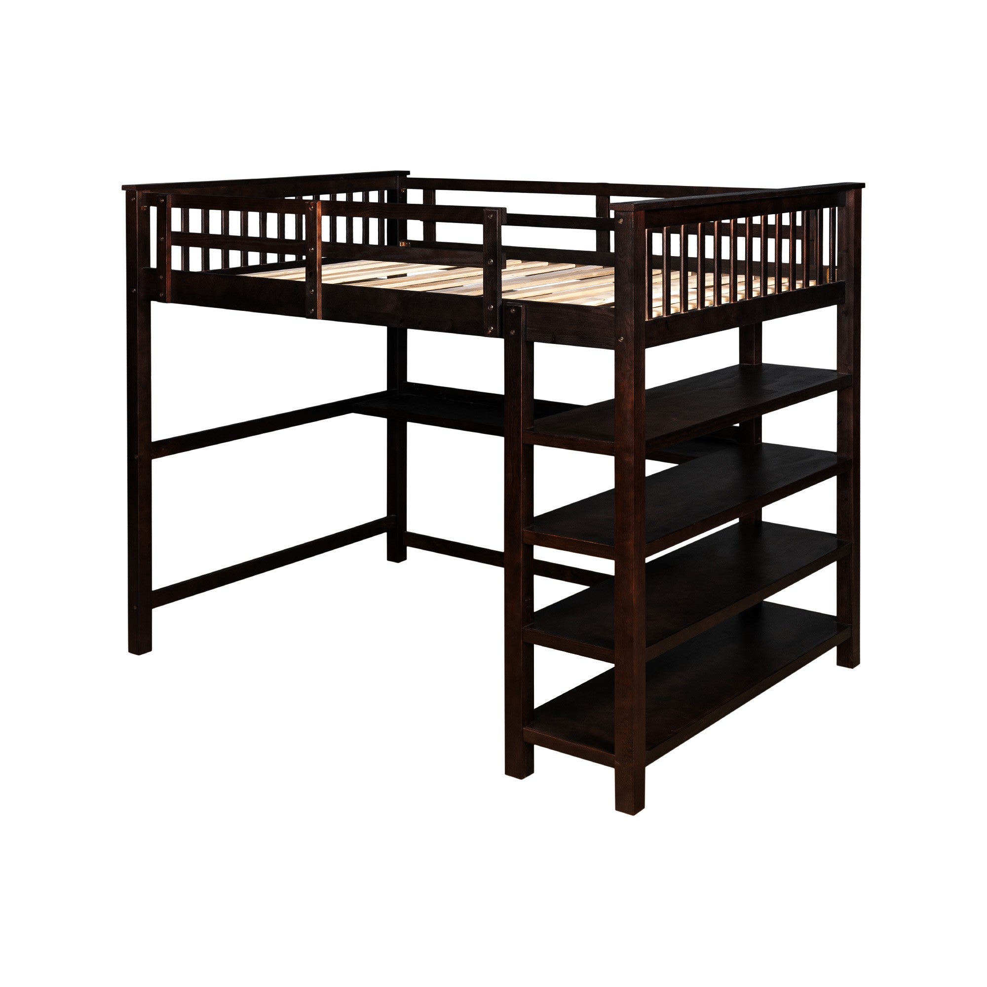 Espresso Full Size Wood Loft Bed with Storage Shelves and Desk