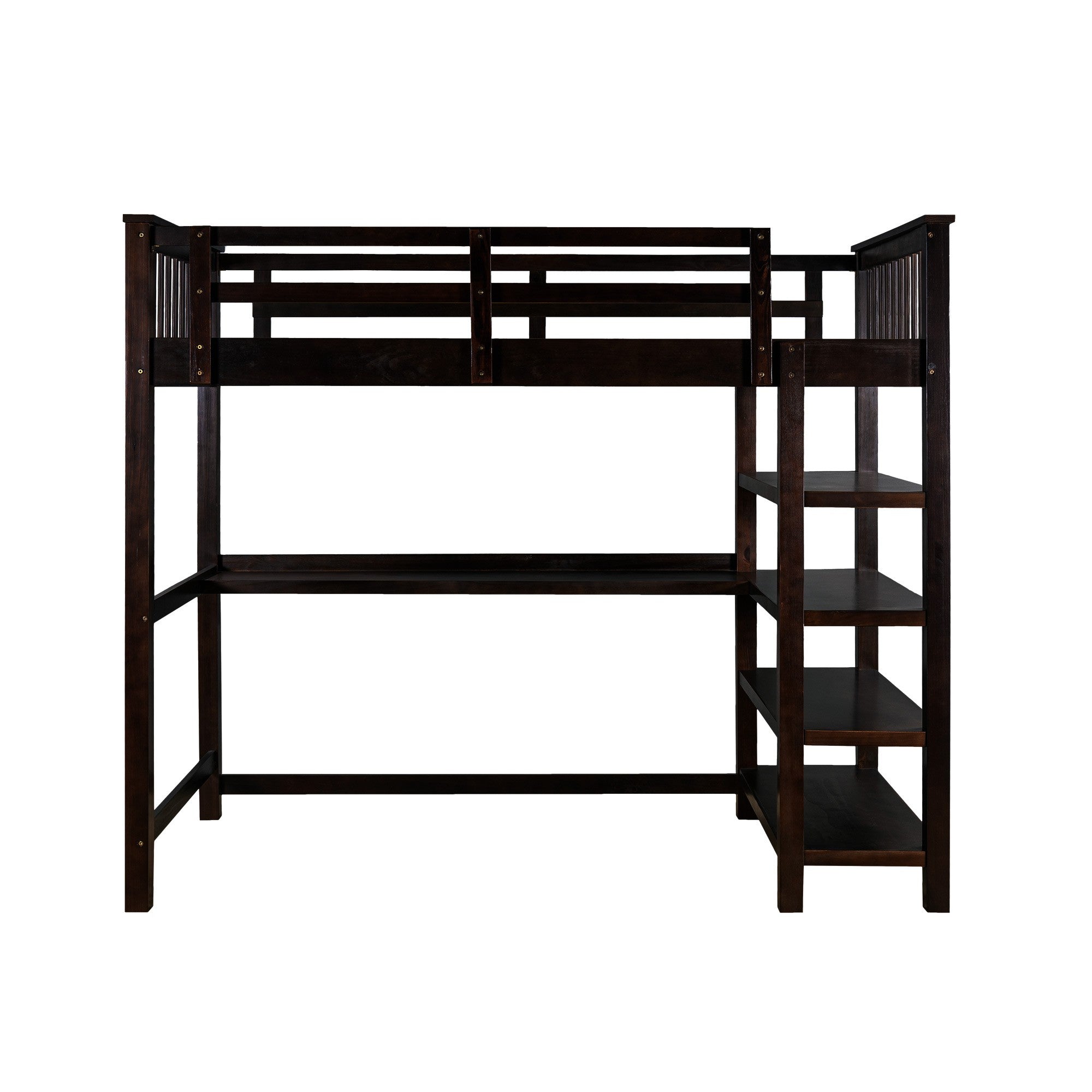 Espresso Full Size Wood Loft Bed with Storage Shelves and Desk
