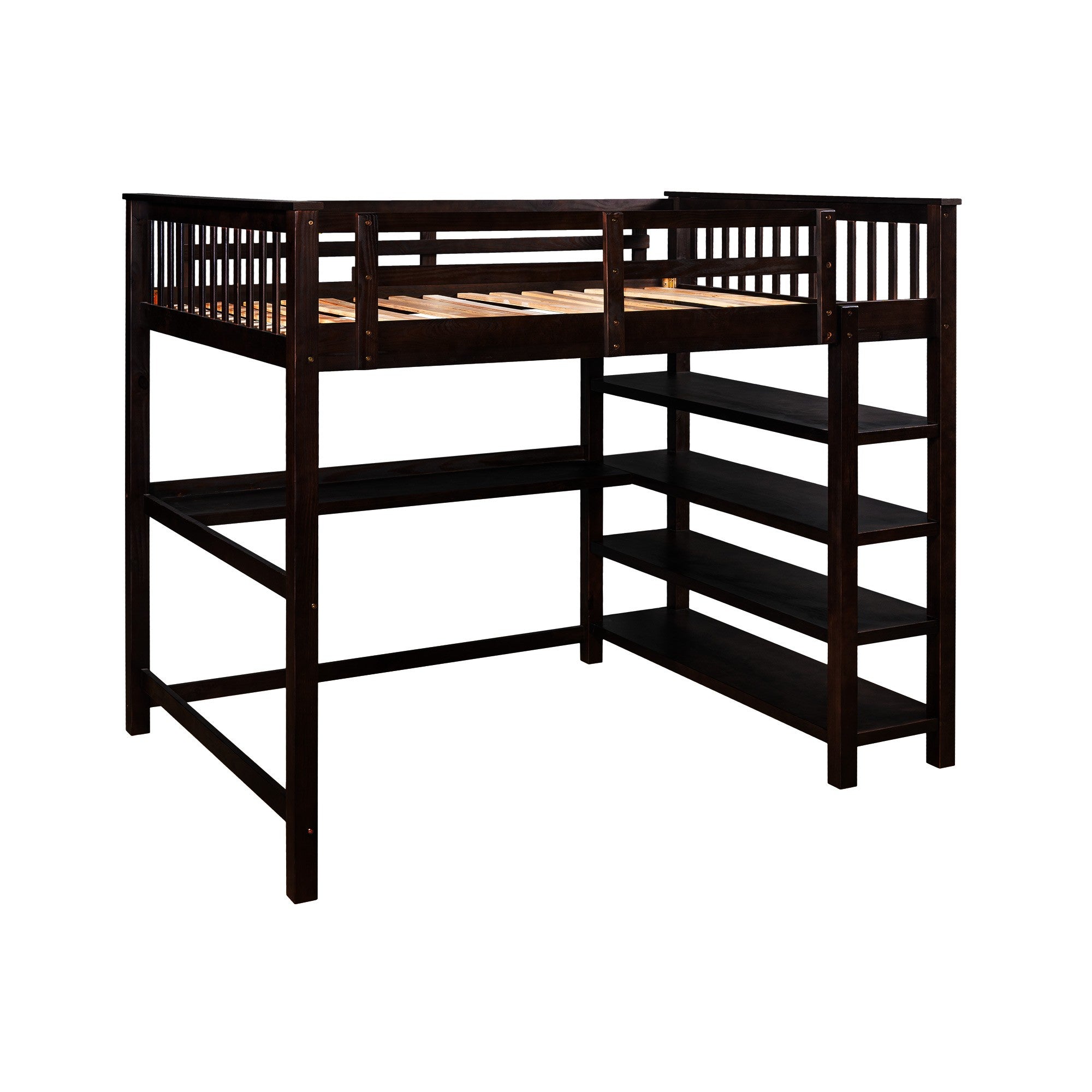 Espresso Full Size Wood Loft Bed with Storage Shelves and Desk