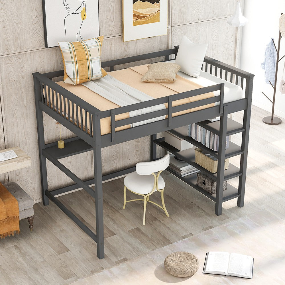 Gray Full Size Wood Loft Bed with Storage Shelves and Desk