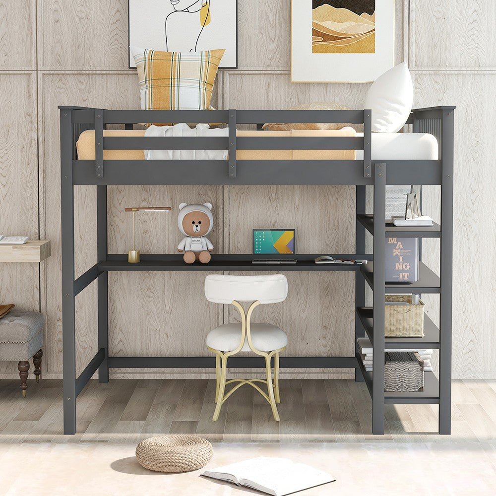 Gray Full Size Wood Loft Bed with Storage Shelves and Desk