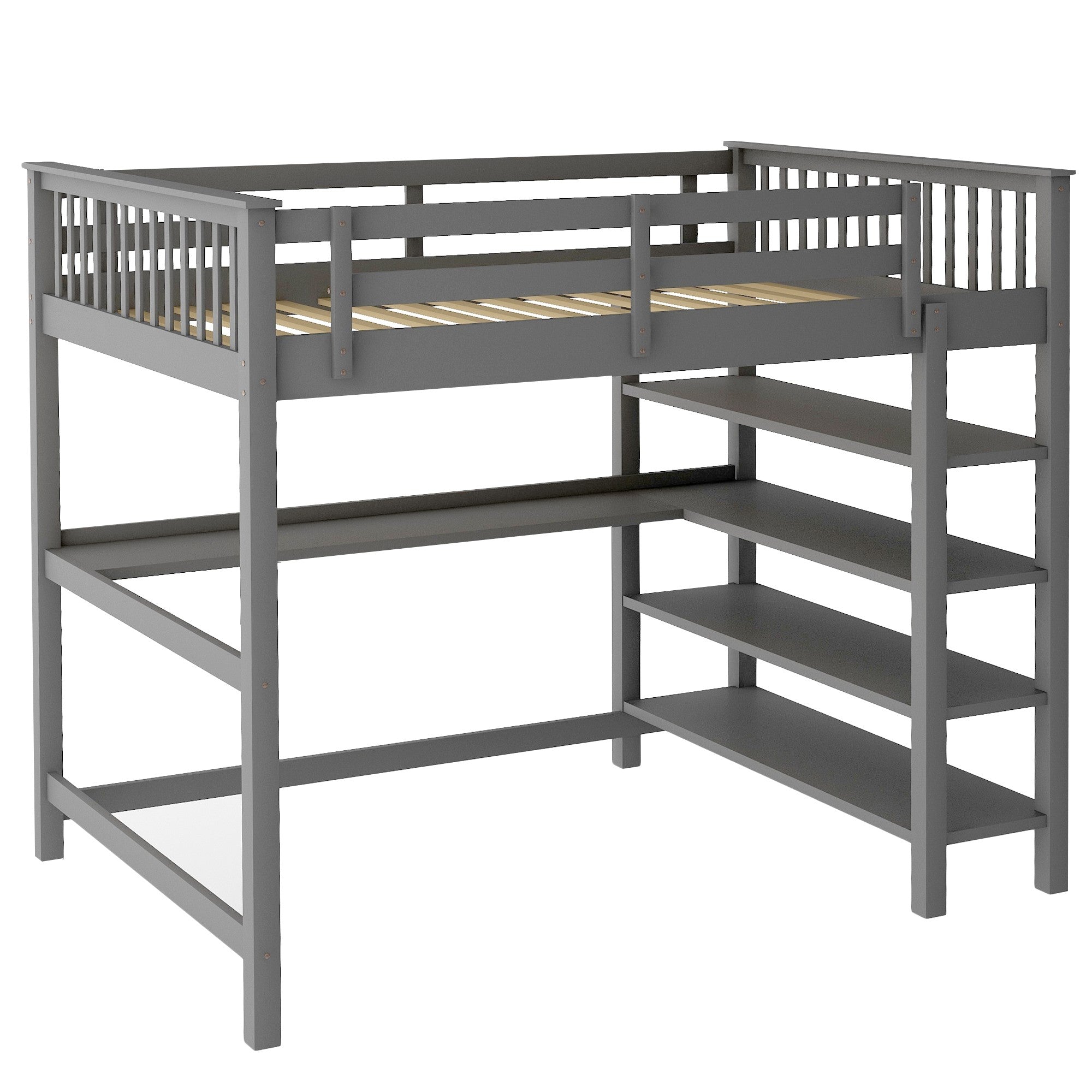 Gray Full Size Wood Loft Bed with Storage Shelves and Desk