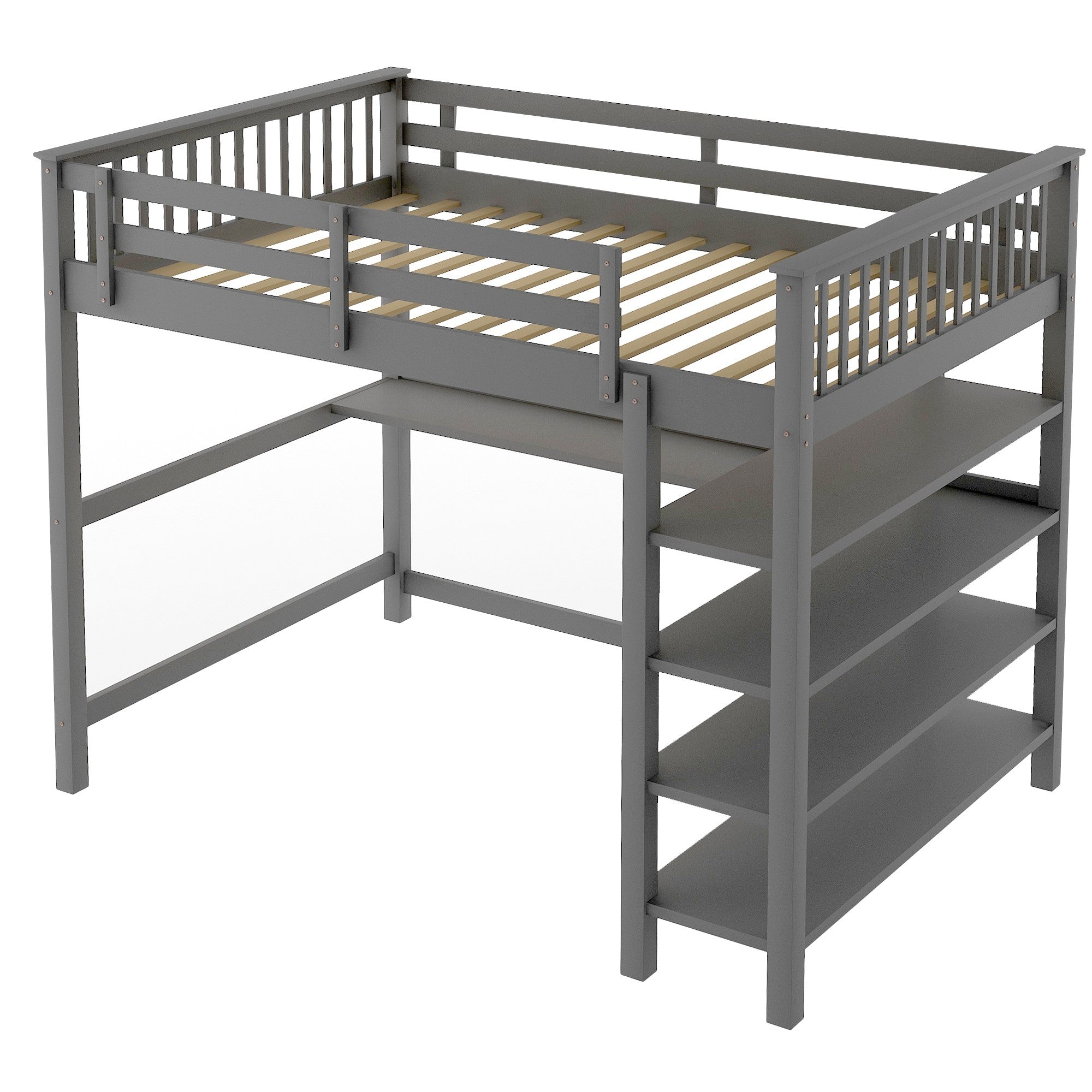 Gray Full Size Wood Loft Bed with Storage Shelves and Desk