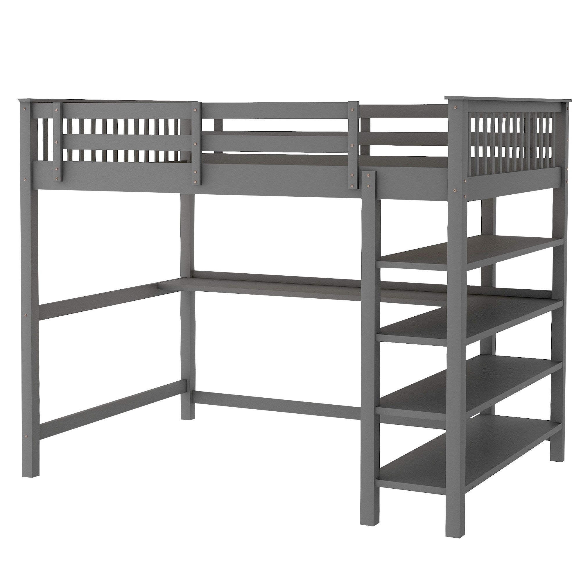 Gray Full Size Wood Loft Bed with Storage Shelves and Desk