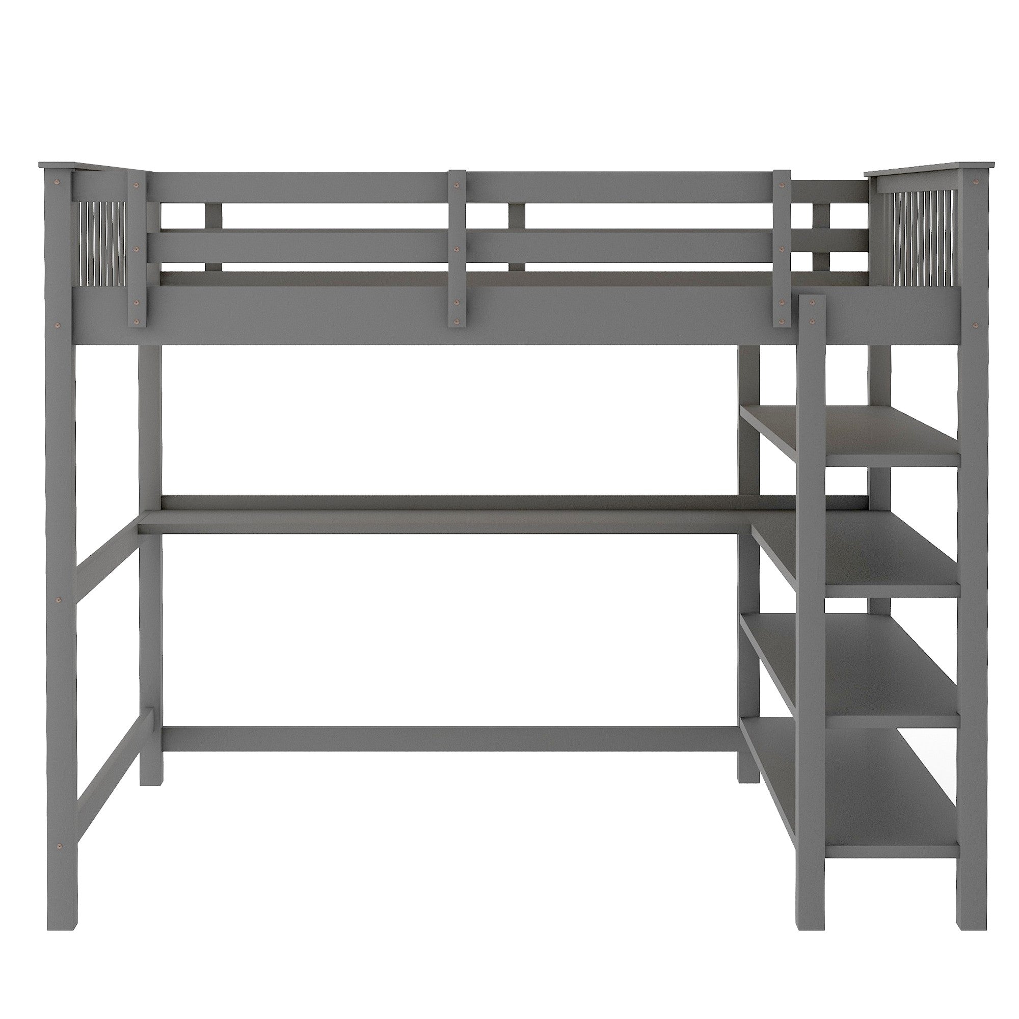 Gray Full Size Wood Loft Bed with Storage Shelves and Desk