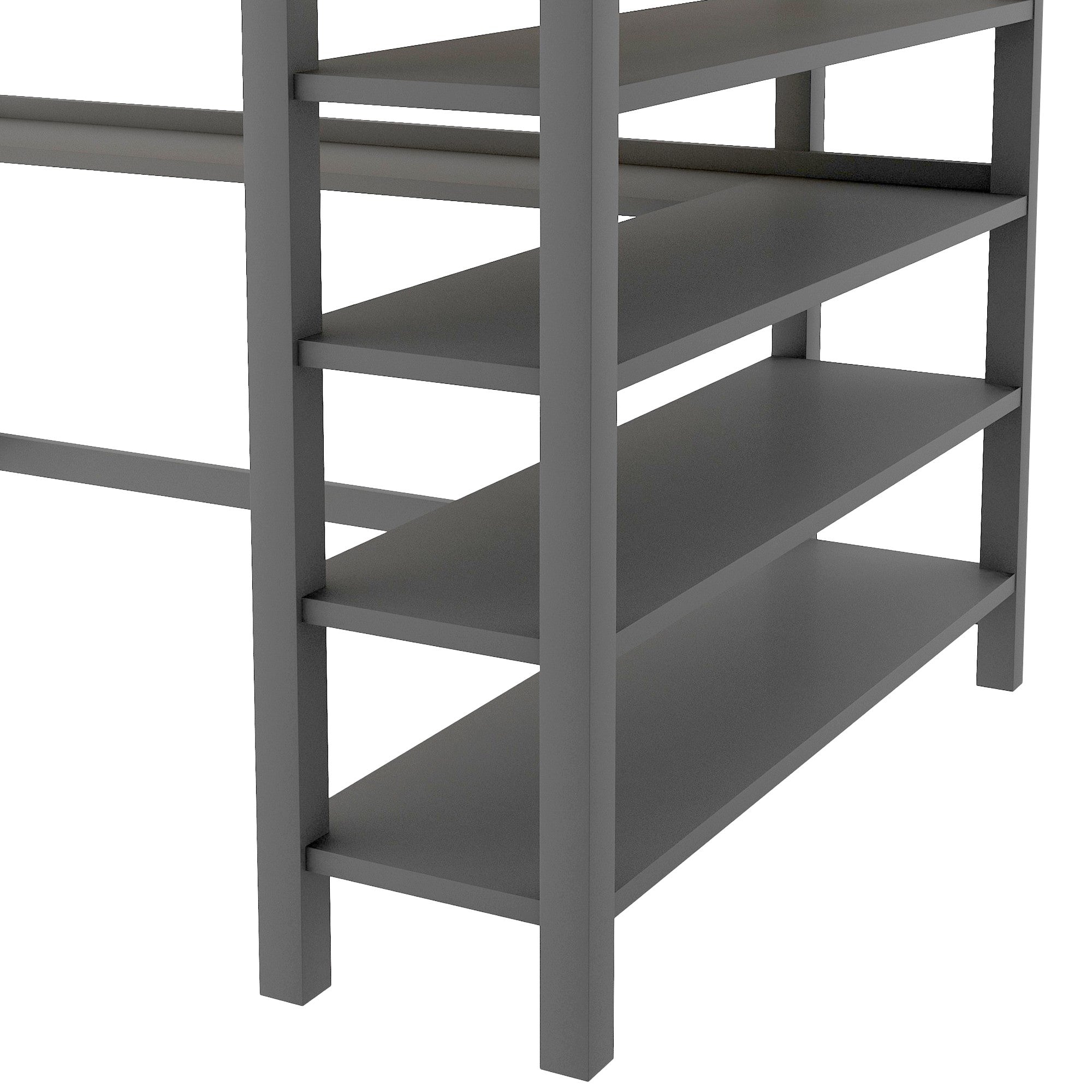 Gray Full Size Wood Loft Bed with Storage Shelves and Desk