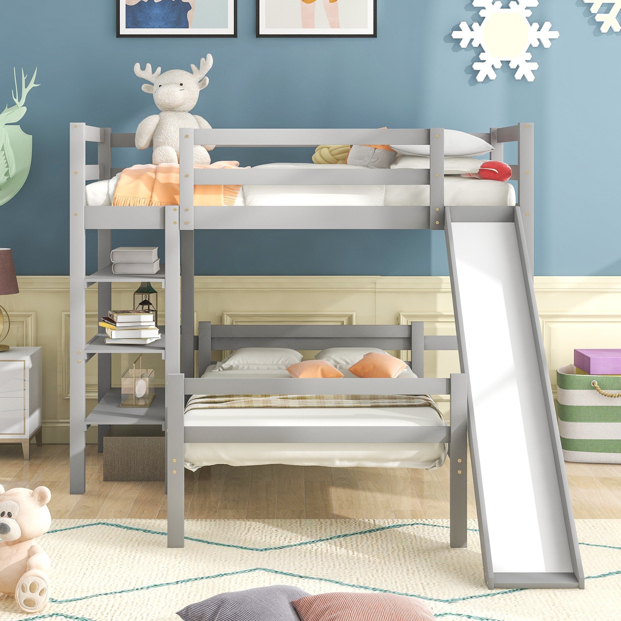 Gray Twin Size Loft Bed with Shelves and Separate Twin Platform Bed