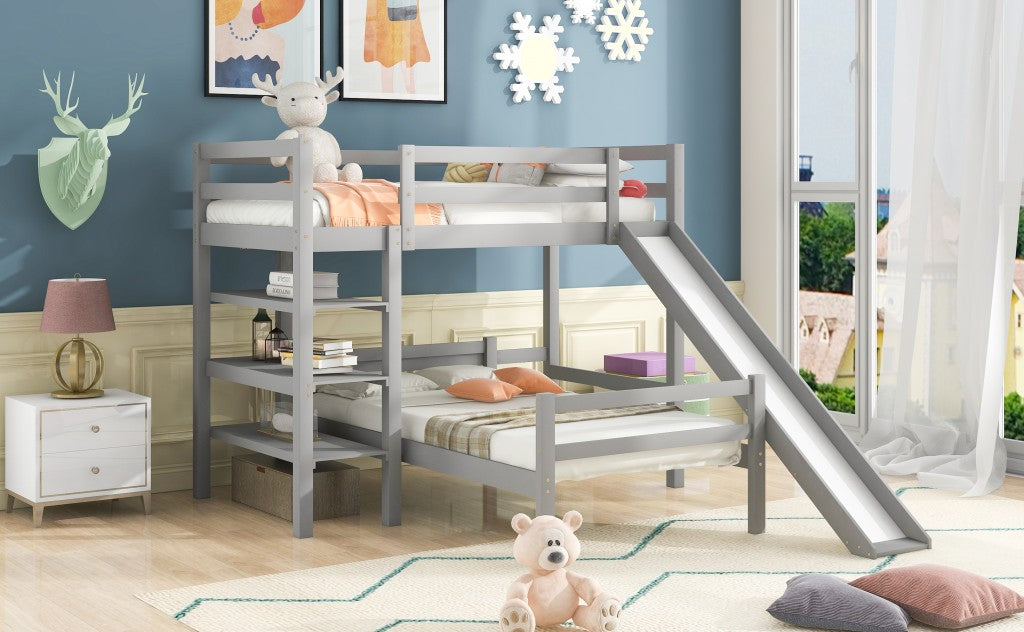 Gray Twin Size Loft Bed with Shelves and Separate Twin Platform Bed