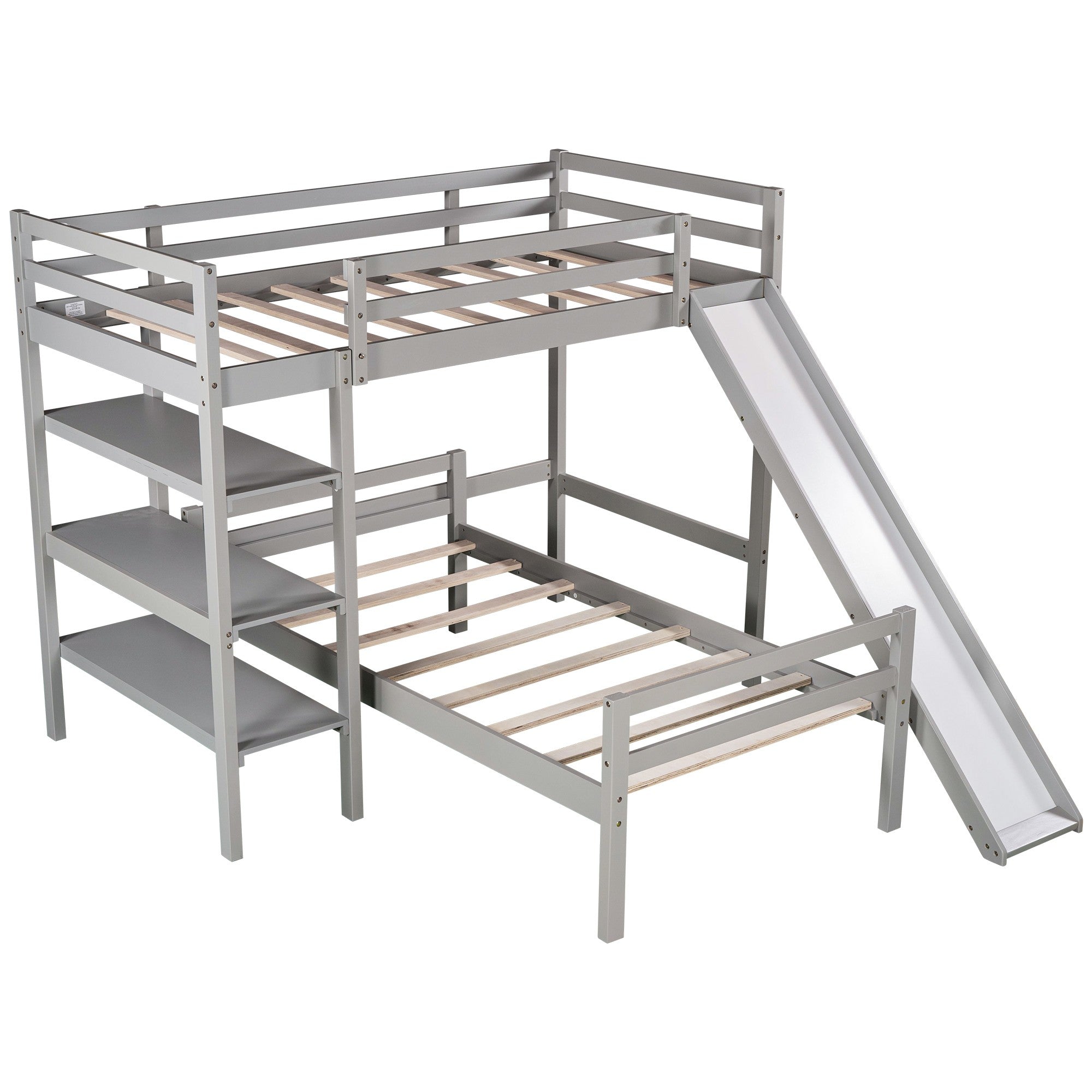 Gray Twin Size Loft Bed with Shelves and Separate Twin Platform Bed