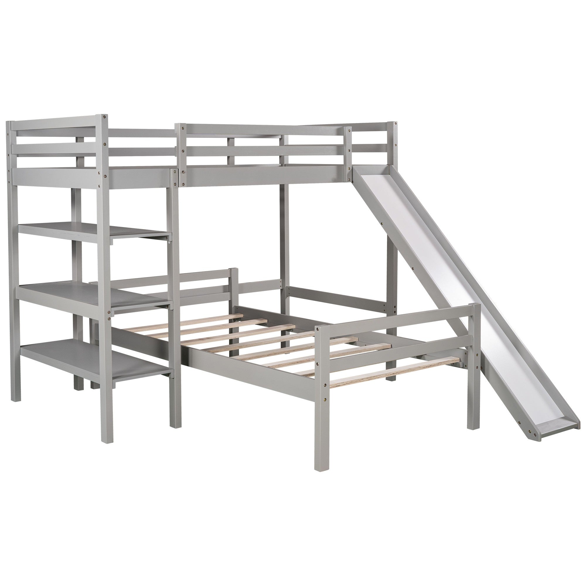 Gray Twin Size Loft Bed with Shelves and Separate Twin Platform Bed