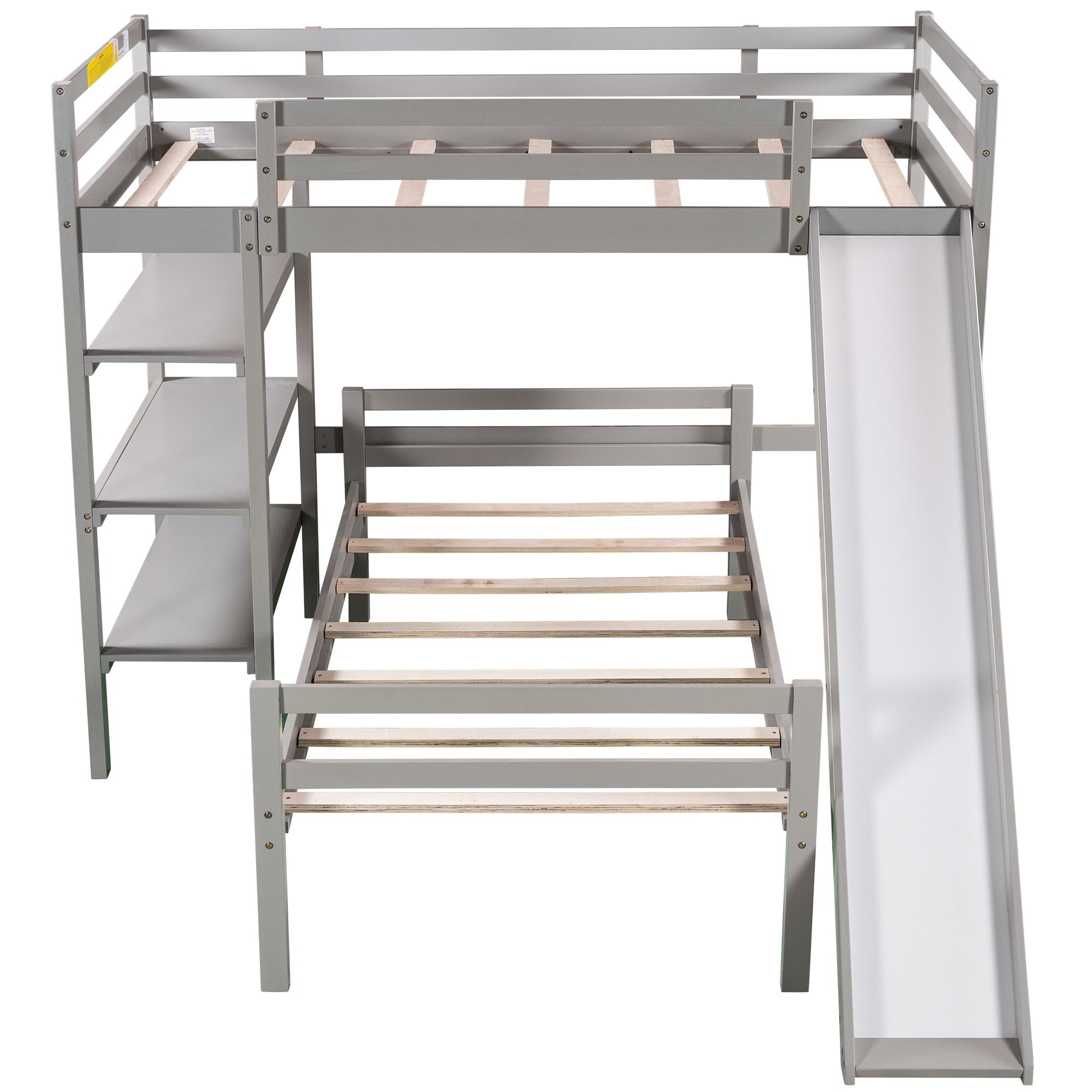 Gray Twin Size Loft Bed with Shelves and Separate Twin Platform Bed