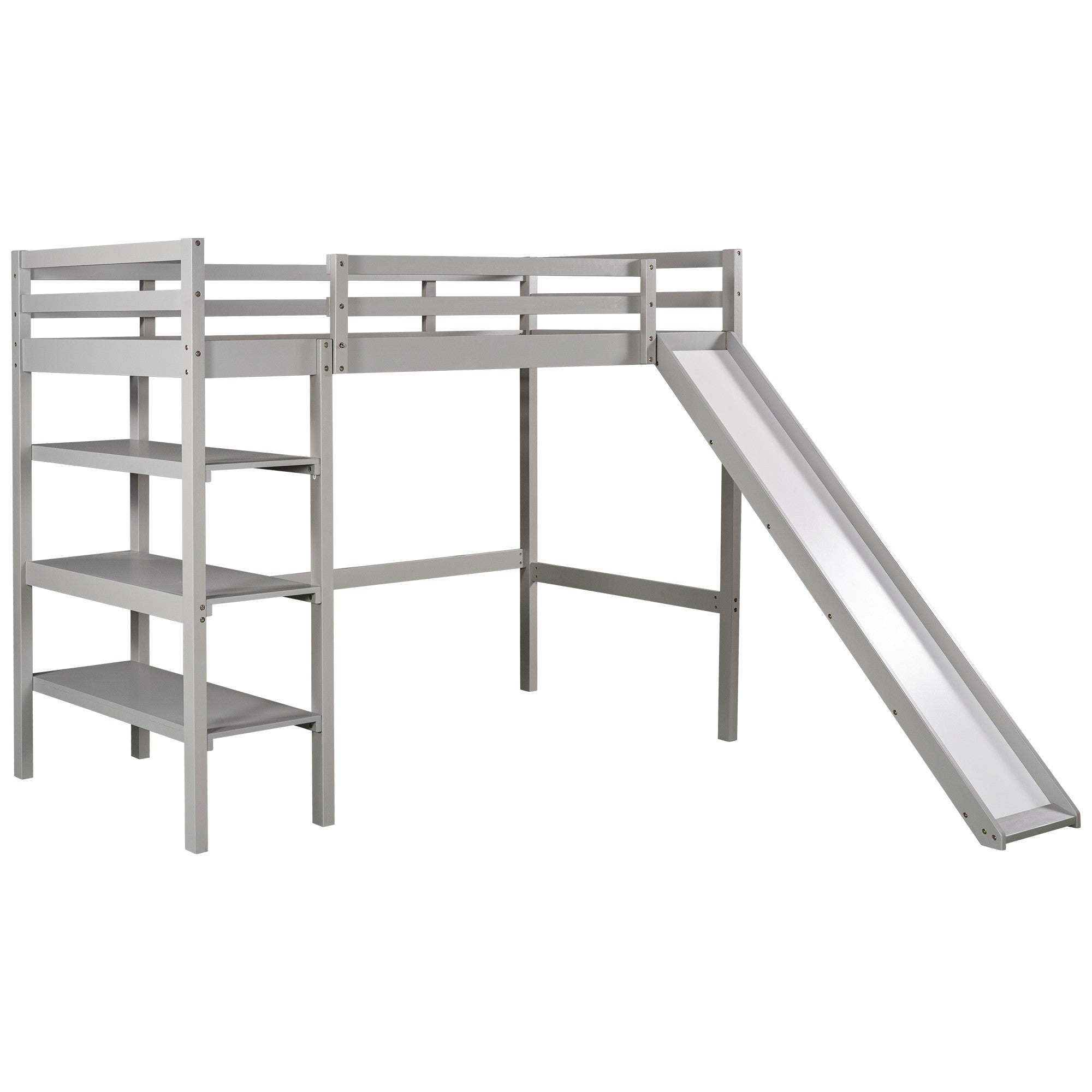 Gray Twin Size Loft Bed with Shelves and Separate Twin Platform Bed