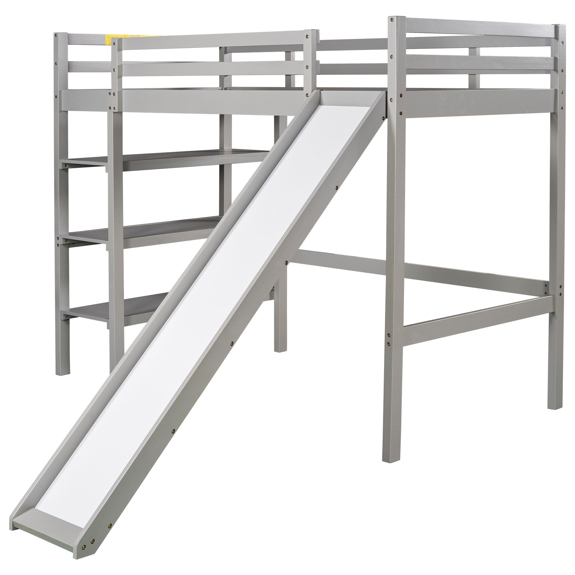 Gray Twin Size Loft Bed with Shelves and Separate Twin Platform Bed