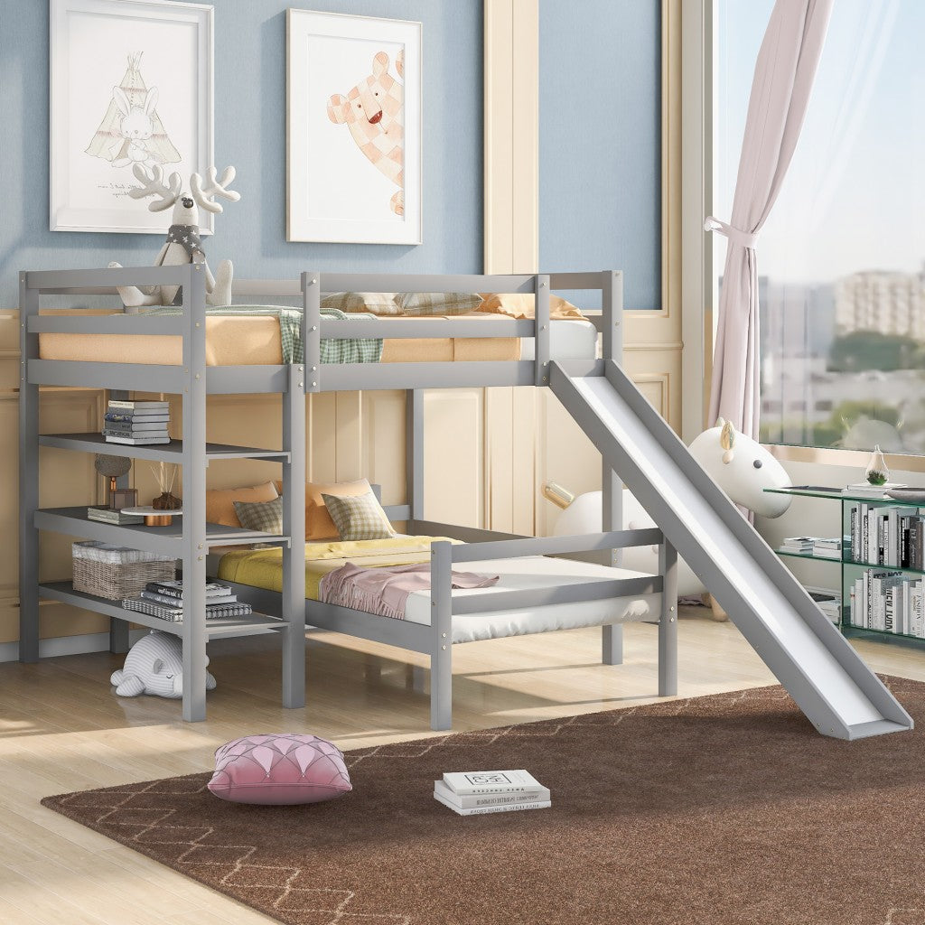 Gray Full Size Loft Bed with Shelves and Separate Twin Platform Bed