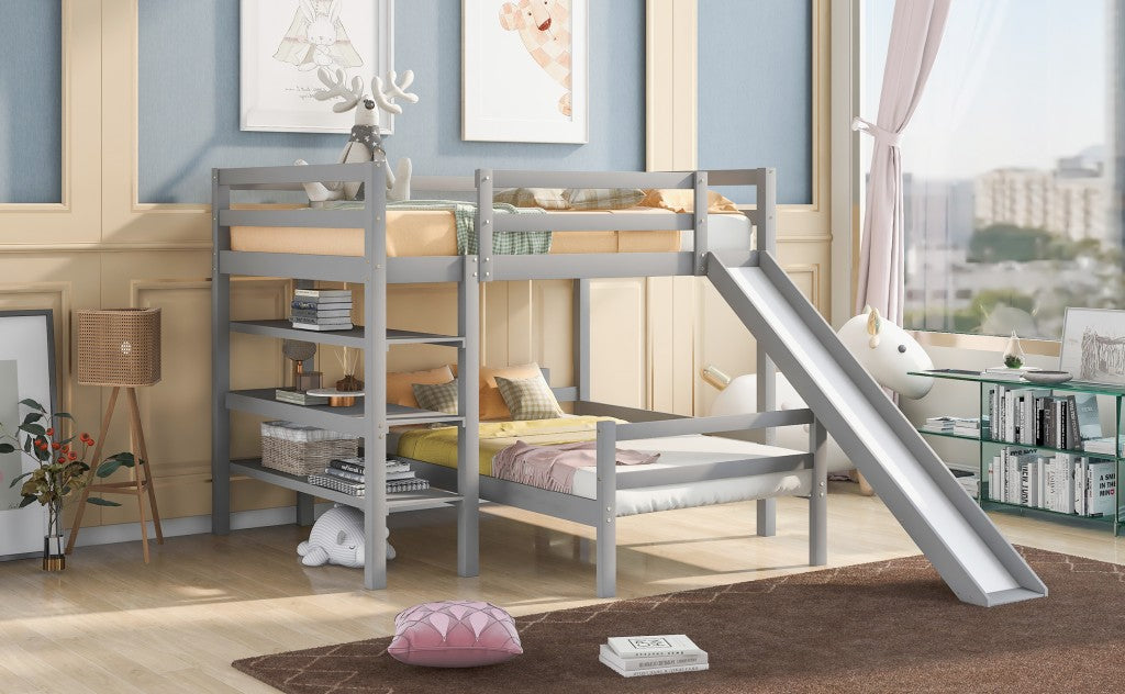 Gray Full Size Loft Bed with Shelves and Separate Twin Platform Bed