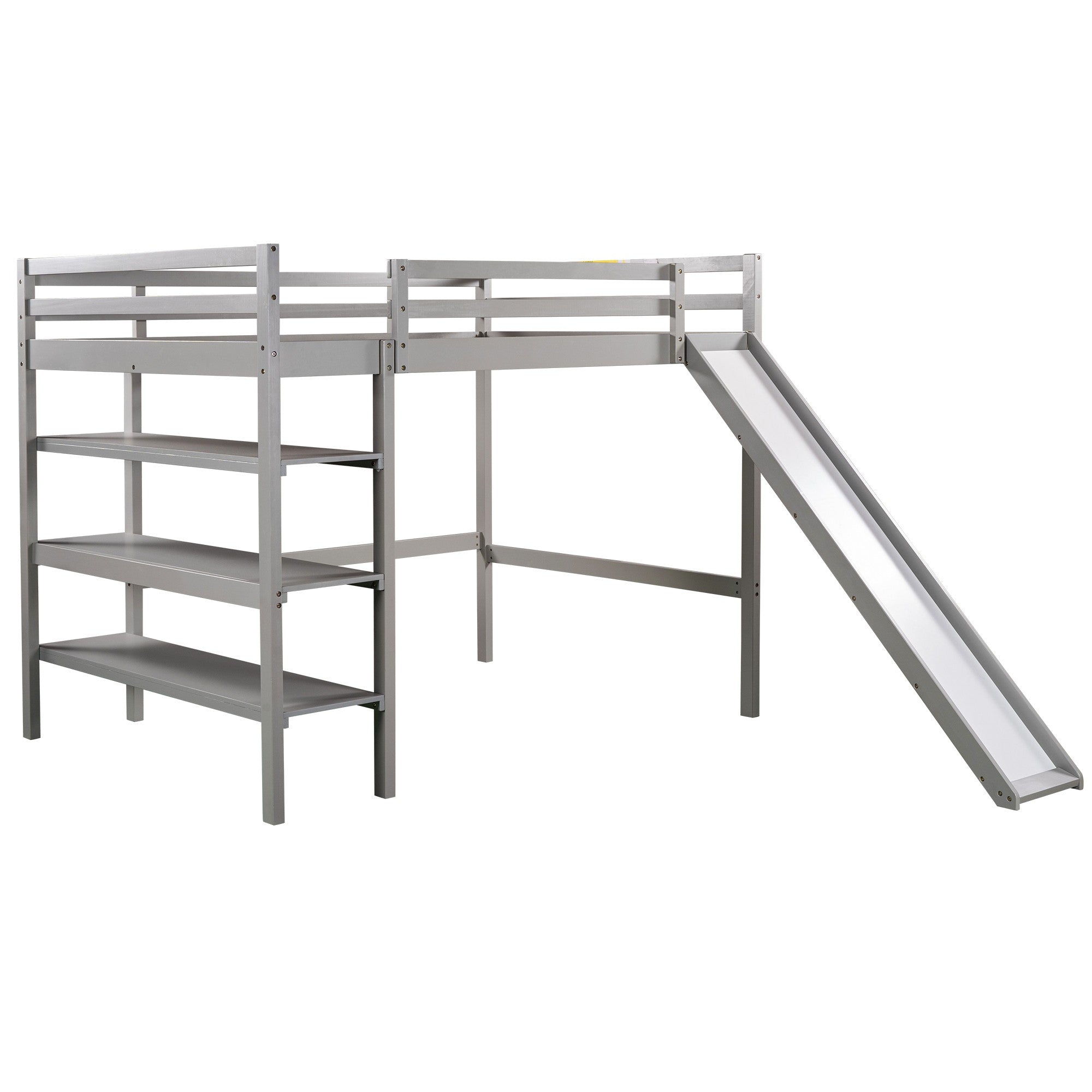 Gray Full Size Loft Bed with Shelves and Separate Twin Platform Bed