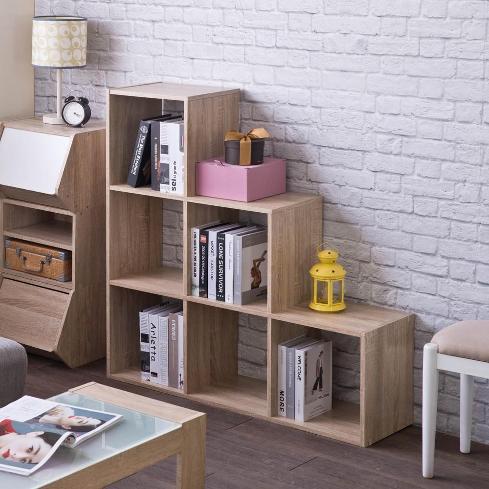 Classic Natural Finish Six Cubby Stepped Bookcase