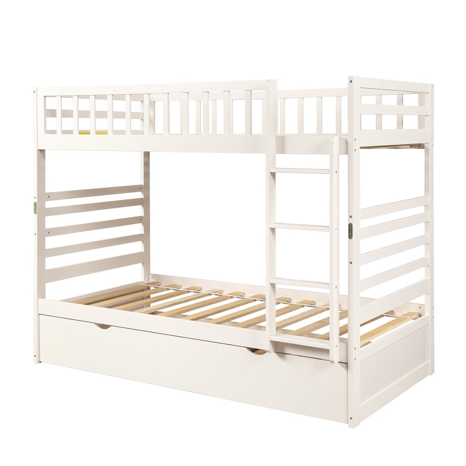 White Twin Over Twin Solid Wood Bunk Bed With Trundle
