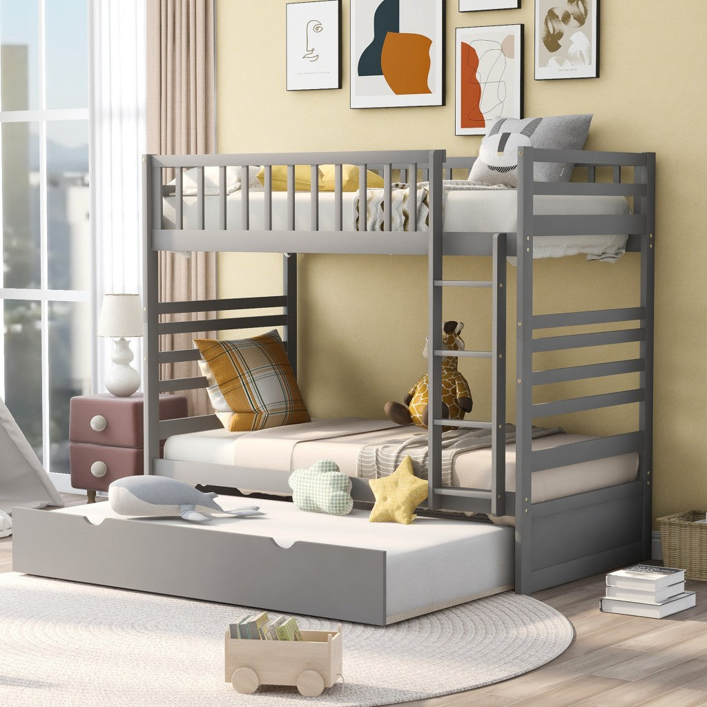 Gray Twin Over Twin Solid Wood Bunk Bed With Trundle