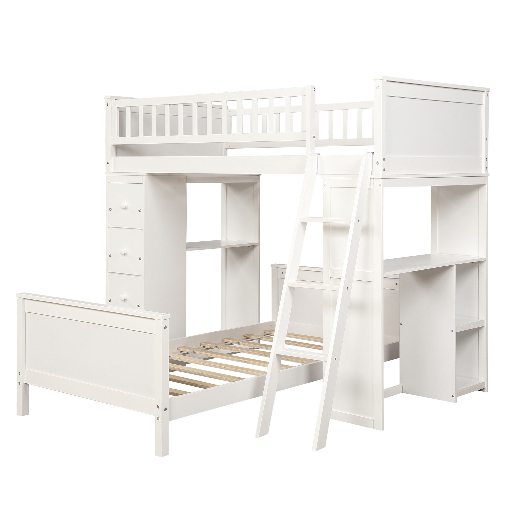 White Twin Over Twin Size Bed with Shelves and Drawers