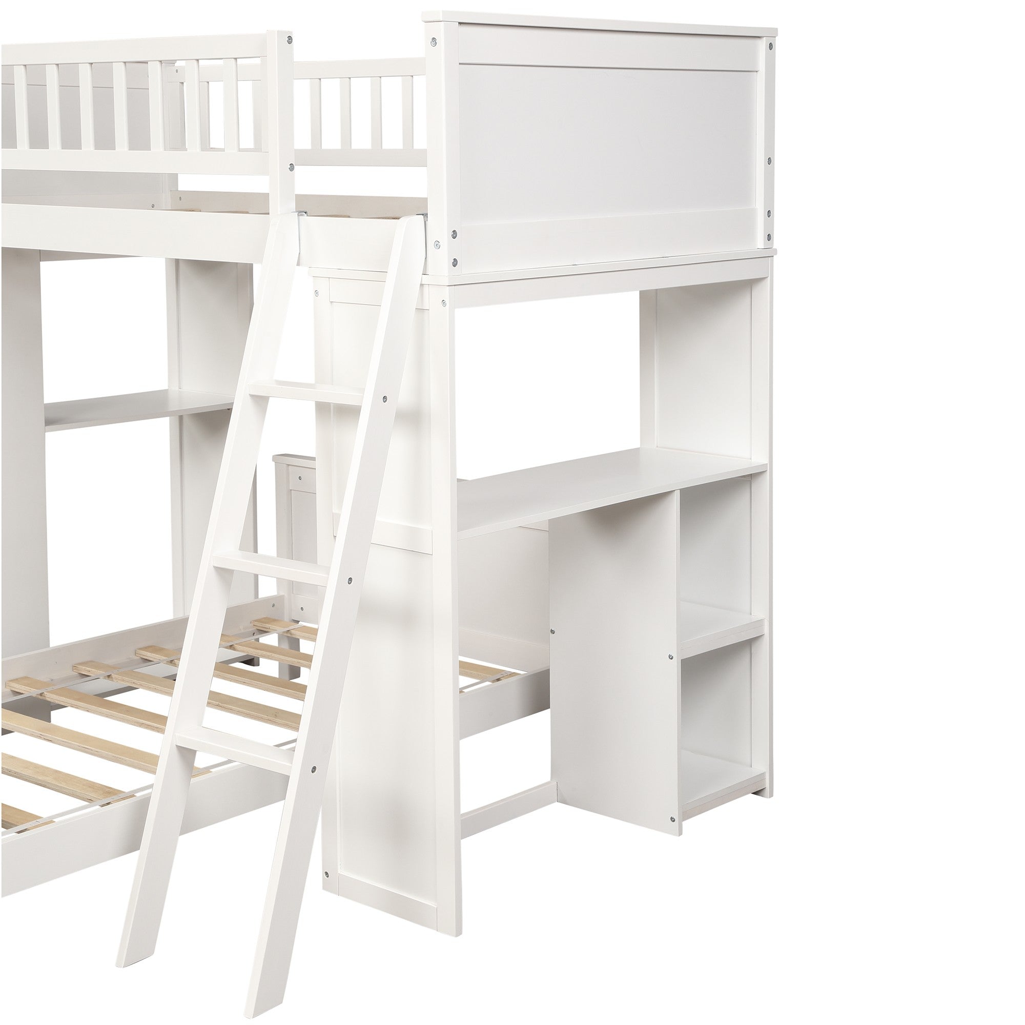 White Twin Over Twin Size Bed with Shelves and Drawers