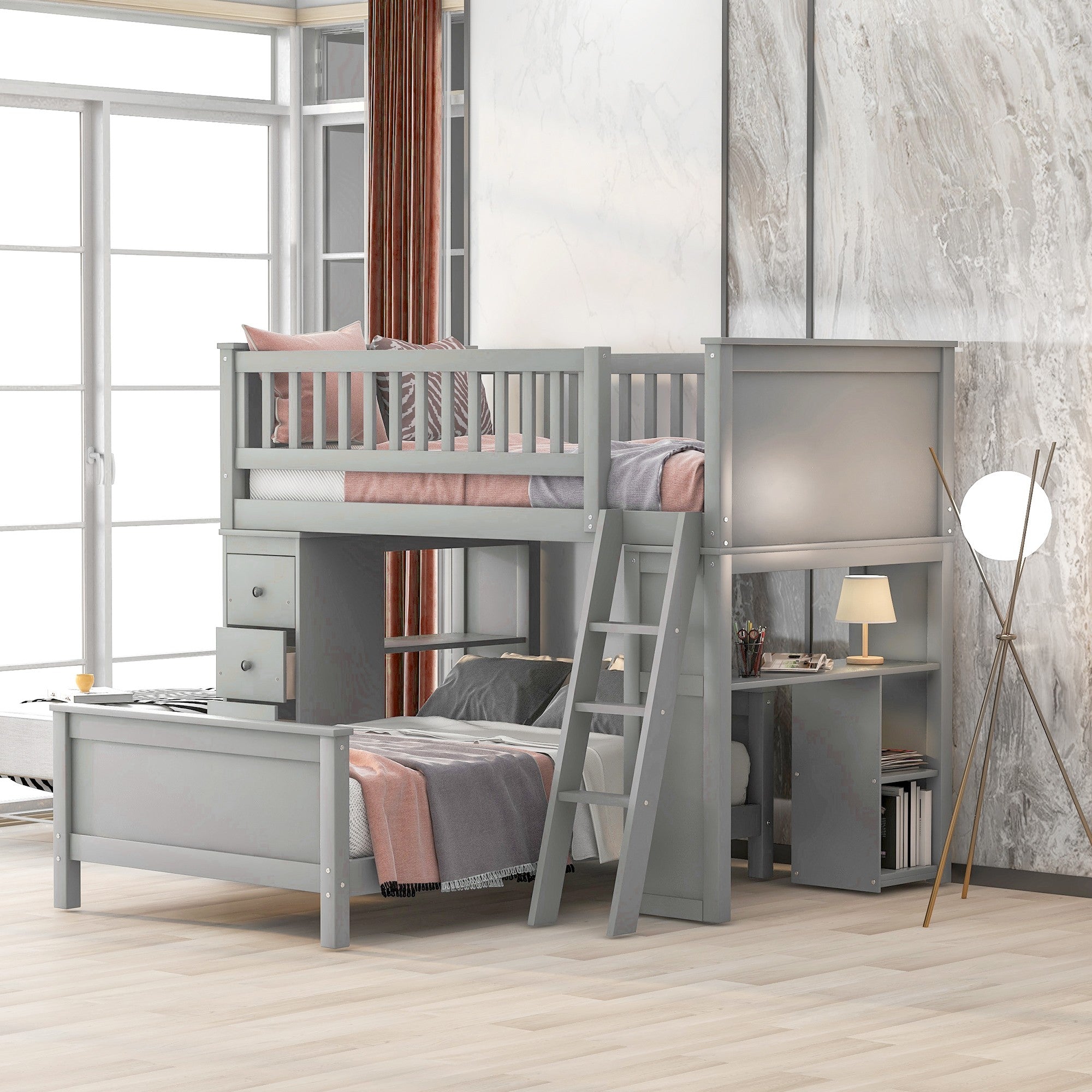Gray Twin Over Twin Size Bed with Shelves and Drawers