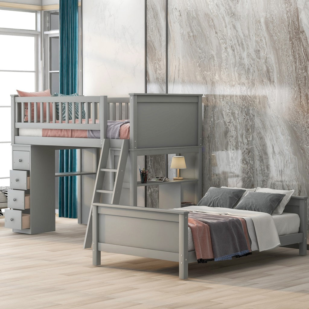 Gray Twin Over Twin Size Bed with Shelves and Drawers